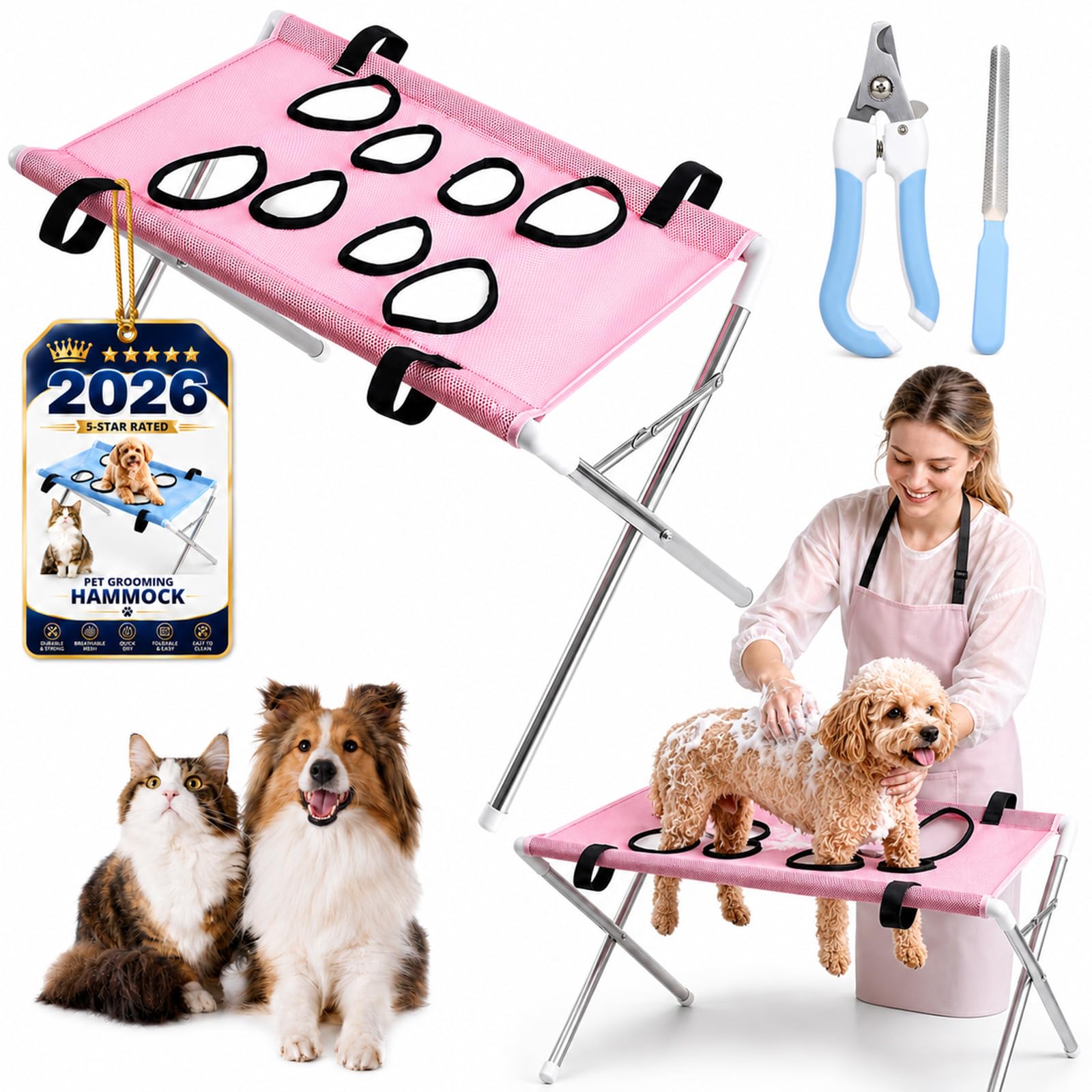 Dog Grooming Hammock with Secure Strap, Cat and Dog Shower Stand with Foldable Frame, Pet Grooming Hammock, Foldable Pet Bath Hammock for Small Dogs and Cats, Nail Care, Washing and Drying，Pink