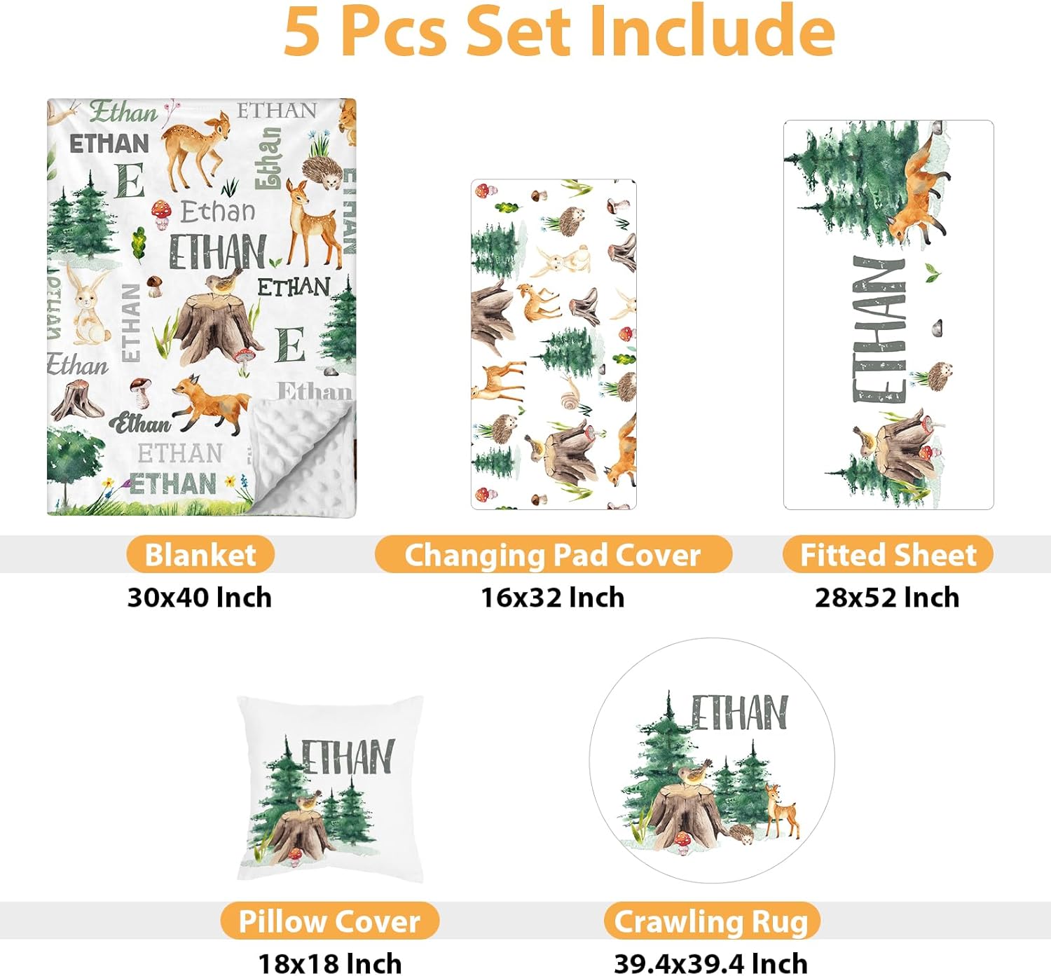 Custom Baby Crib Bedding Set - 5 Piece Nursery Crib Set Woodland Animals Design - Personalized Name Blanket with Dotted Backing, Crib Sheet, Changing Pad Cover, Pillow Cover, Rug for Newborns Color10