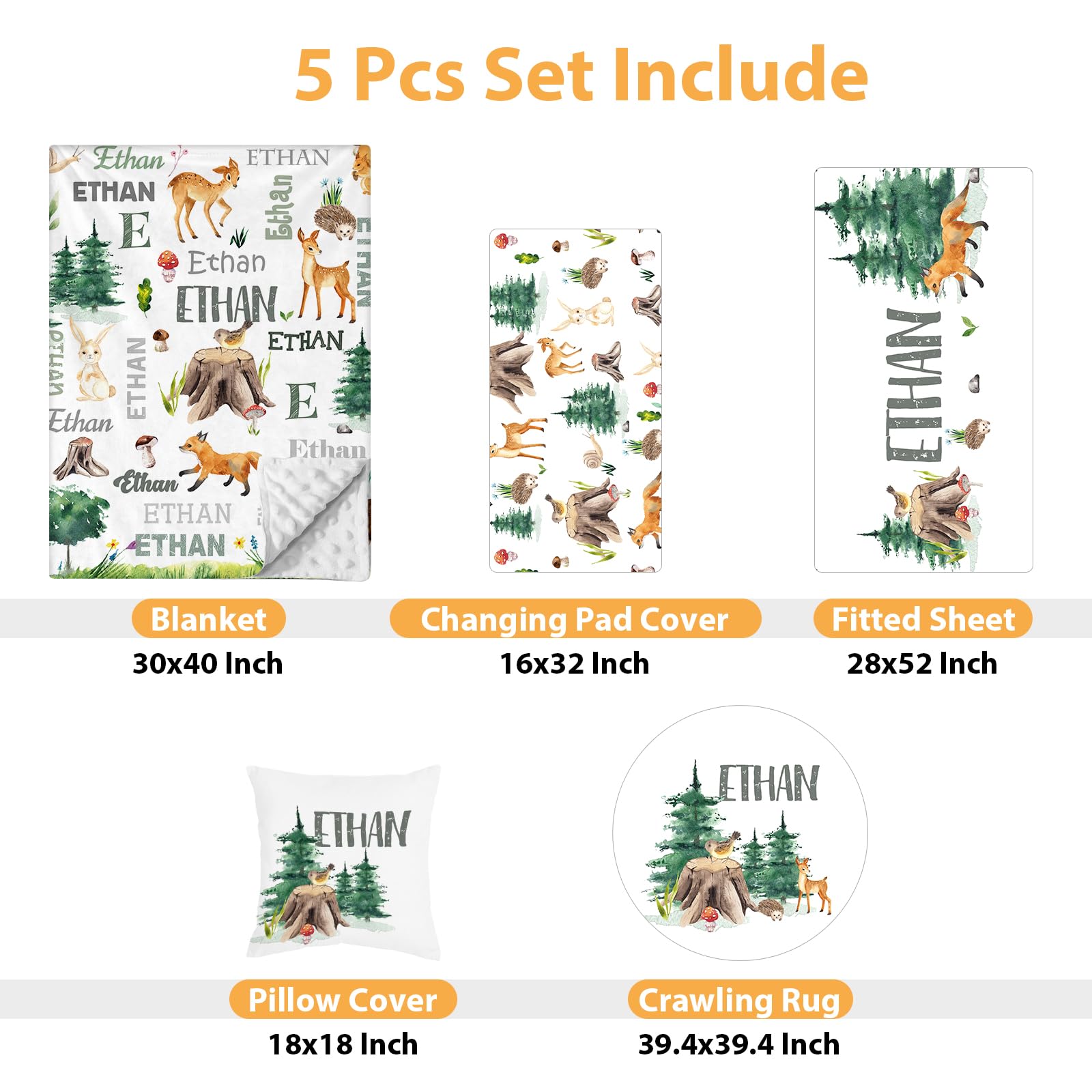 Individuelles Baby-Bettwäsche-Set – 5-teiliges Kinderzimmer-Bettwäsche-Set mit Waldtier-Design, personalisierte Namensdecke mit gepunkteter Rückseite, Kinderbettlaken, Wickelunterlage, Kissenbezug,