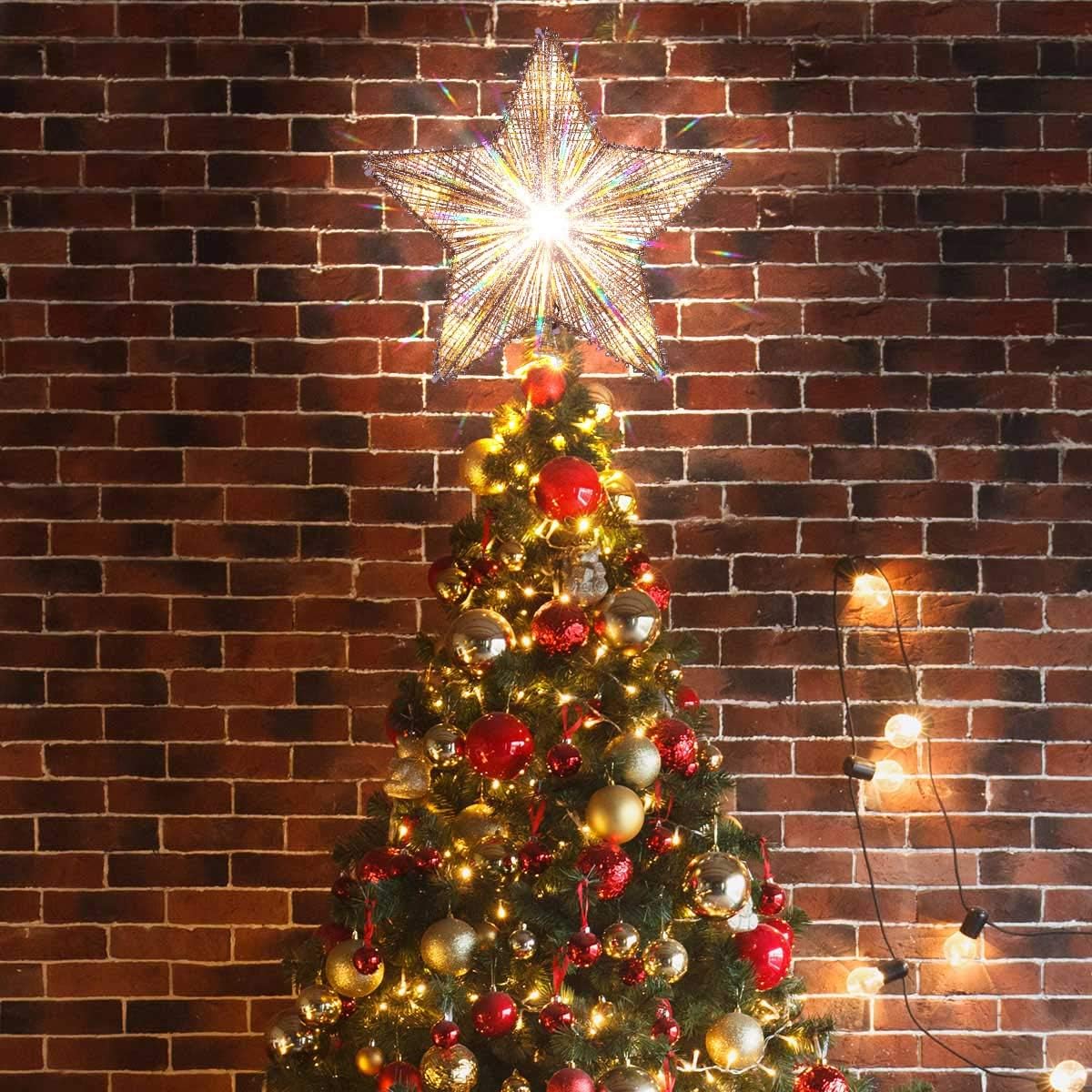 MAOYUE Christmas Tree Topper Lighted, Star Tree Topper with 10 LED Lights, Sliver Glittered Christmas Tree Decorations for Indoor Home Décor