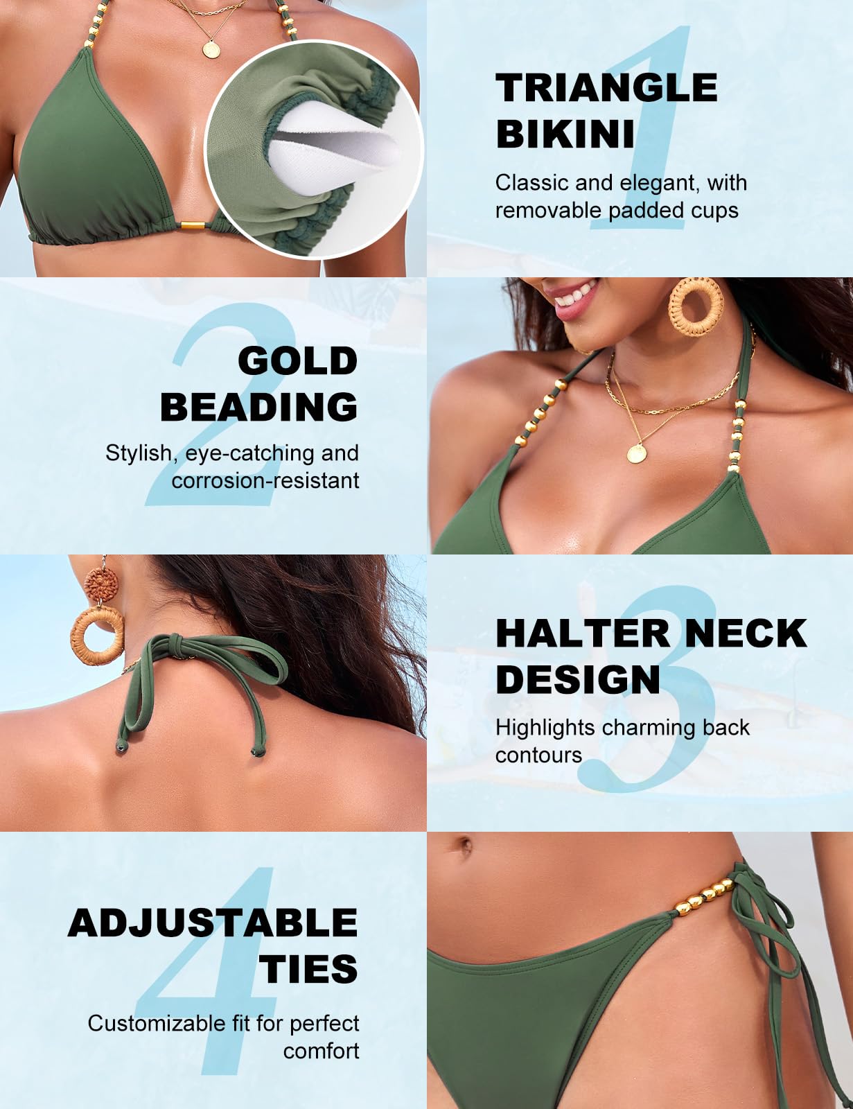 Traje de Baño 2 Piezas Sexy Push Up con Relleno Conjuntos de Bikini Correas Laterales Braga de Bikini para Playa y Piscina