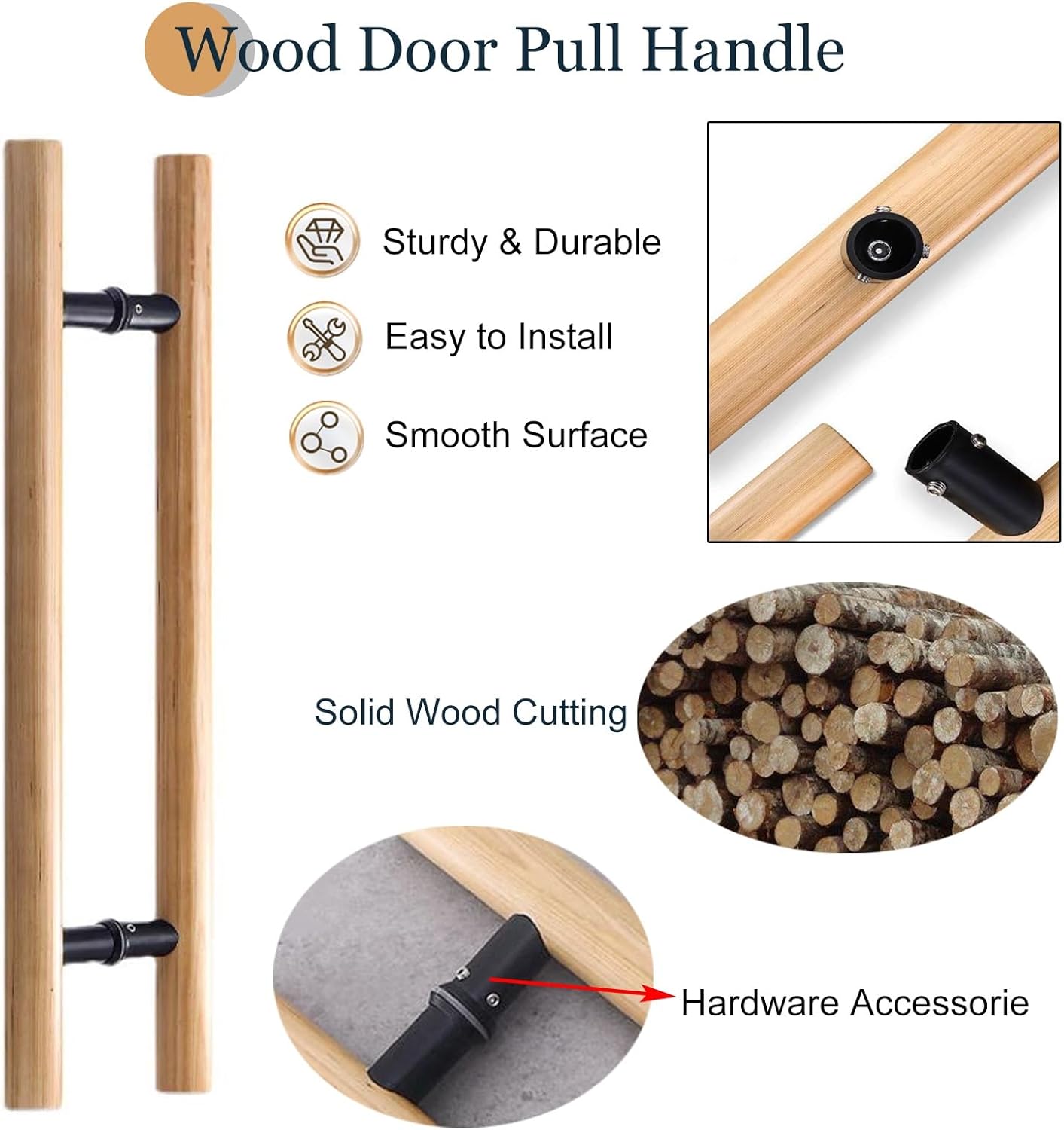 Wooden Push Pull Door Handles - Double Sided H Shape Entry Sliding Barn Handle for Home & Commercial Use, Contemporary Design, 150cm (59") Exterior & Interior Door Hardware