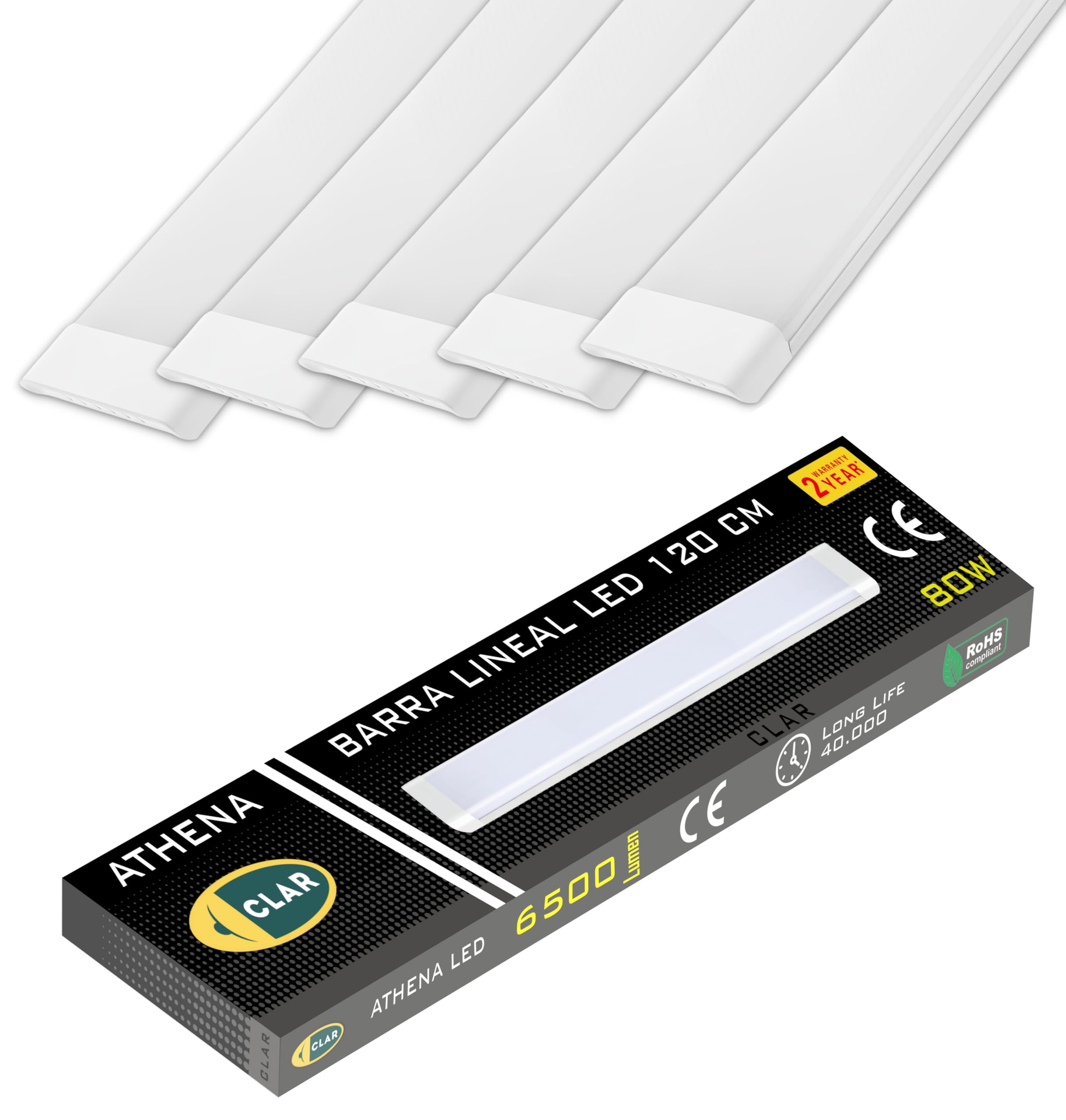 CLAR - Neon LED 120CM, Reglette LED 120CM, Neon Garage, Reglette Garage, 80W, Blanc Froid 6500K (Pack 5)