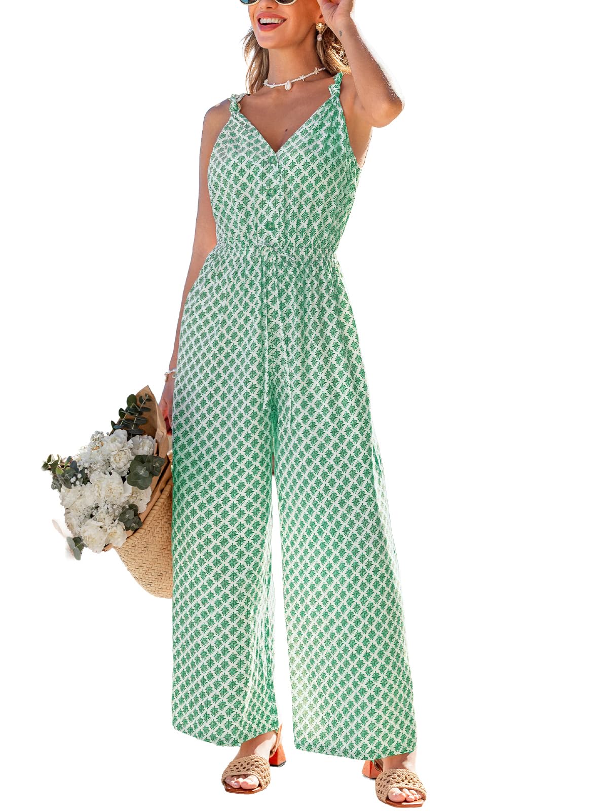 CUPSHE Enterizo casual de verano sin mangas para mujer, cuello en V, botones, pierna ancha, mameluco de una pieza, estampado de playa, vacaciones, viaje