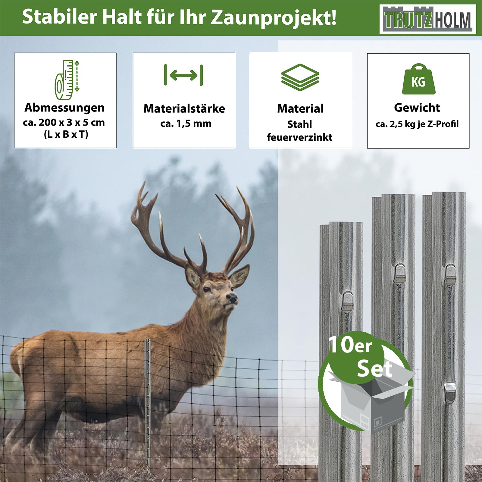 TRUTZHOLM 10x Z-Profil Zaunpfosten 200 cm feuerverzinkt Zaunpfähle 1,5 mm Stärke gestanzte Haken Forstprofil