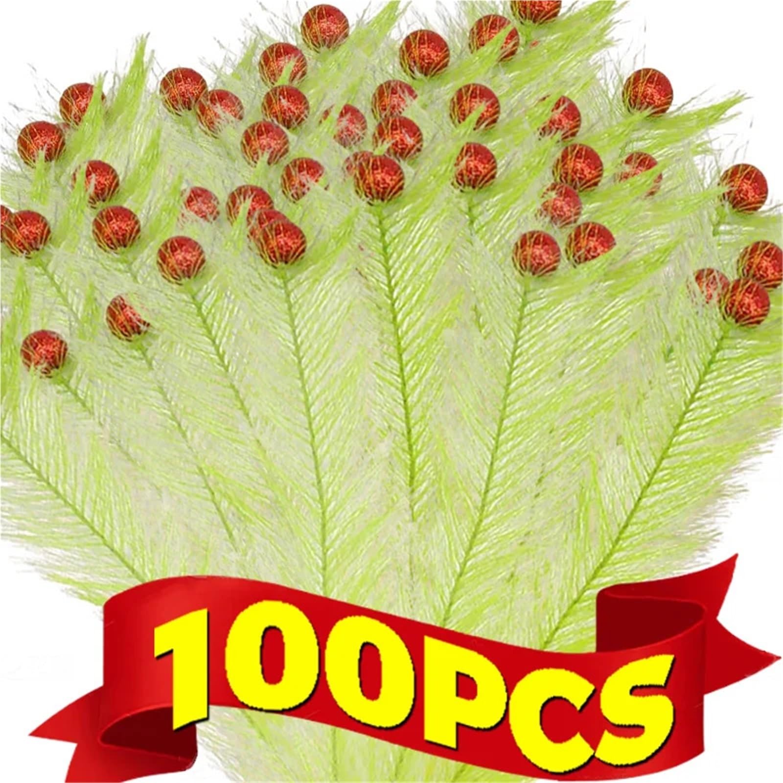 Herbe de Pampa Artificielle avec Boules Scintillantes, Plantes artificielles Vertes et Rouges for décoration Sapin Mariage(50pcs)