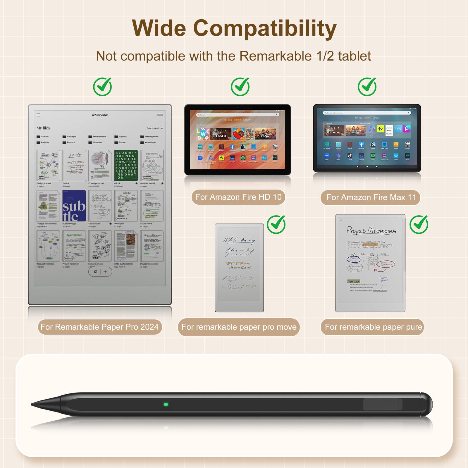 TiMOVO Stylet Magnétique Compatible avec Remarkable Paper Pure/Pro/Pro Move avec Gomme,Stylo Rechargeable avec Sensibilité à la Pression 4096, Inclinaison,Rejet de la Paume et Pointes de Rechange,Noir