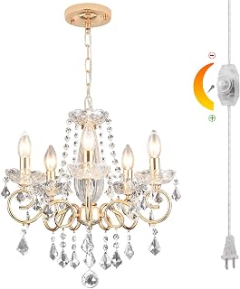 DIMMABLE Plug in Crystal Chandelier 5 Light, Champaign Gold Hanging Pendant Light Fixture with 19.68ft Long Cord, All Glass K9 Crystal Ceiling for Dining Room, Living Room, Bedroom, Entryway, Kitchen