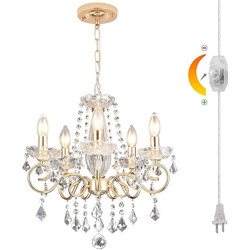 DIMMABLE Plug in Crystal Chandelier 5 Light, Champaign Gold Hanging Pendant Light Fixture with 19.68ft Long Cord, All Glass K9 Crystal Ceiling for Dining Room, Living Room, Bedroom, Entryway, Kitchen