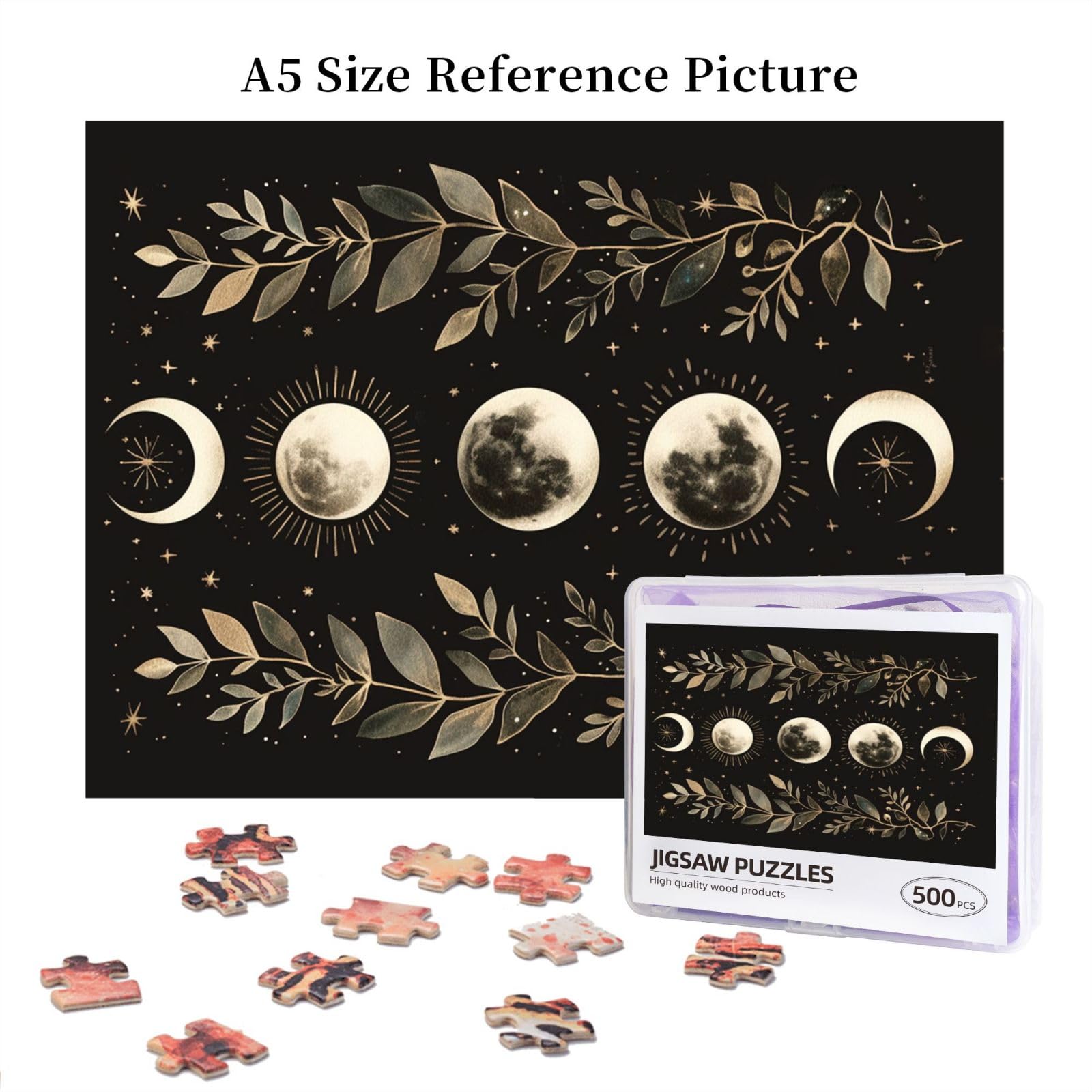 Moon Phases Leaves Mystical and Elegant 500 Piece Jigsaw Puzzle Wood Puzzles for Adults Teens Family Friends Educational Toys Gift - Image 6