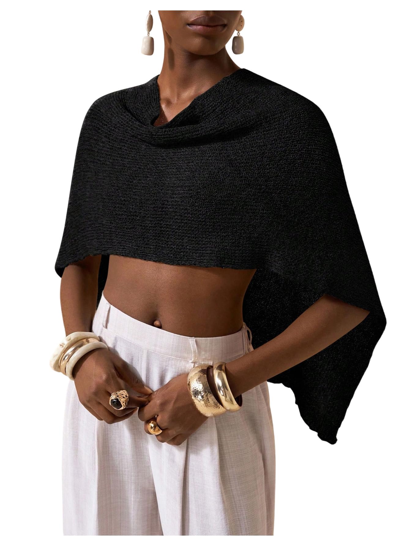 Floerns Womens Cowl Neck Pullover Sweater Dolman Sleeve See Through Knitted Shawl Cape