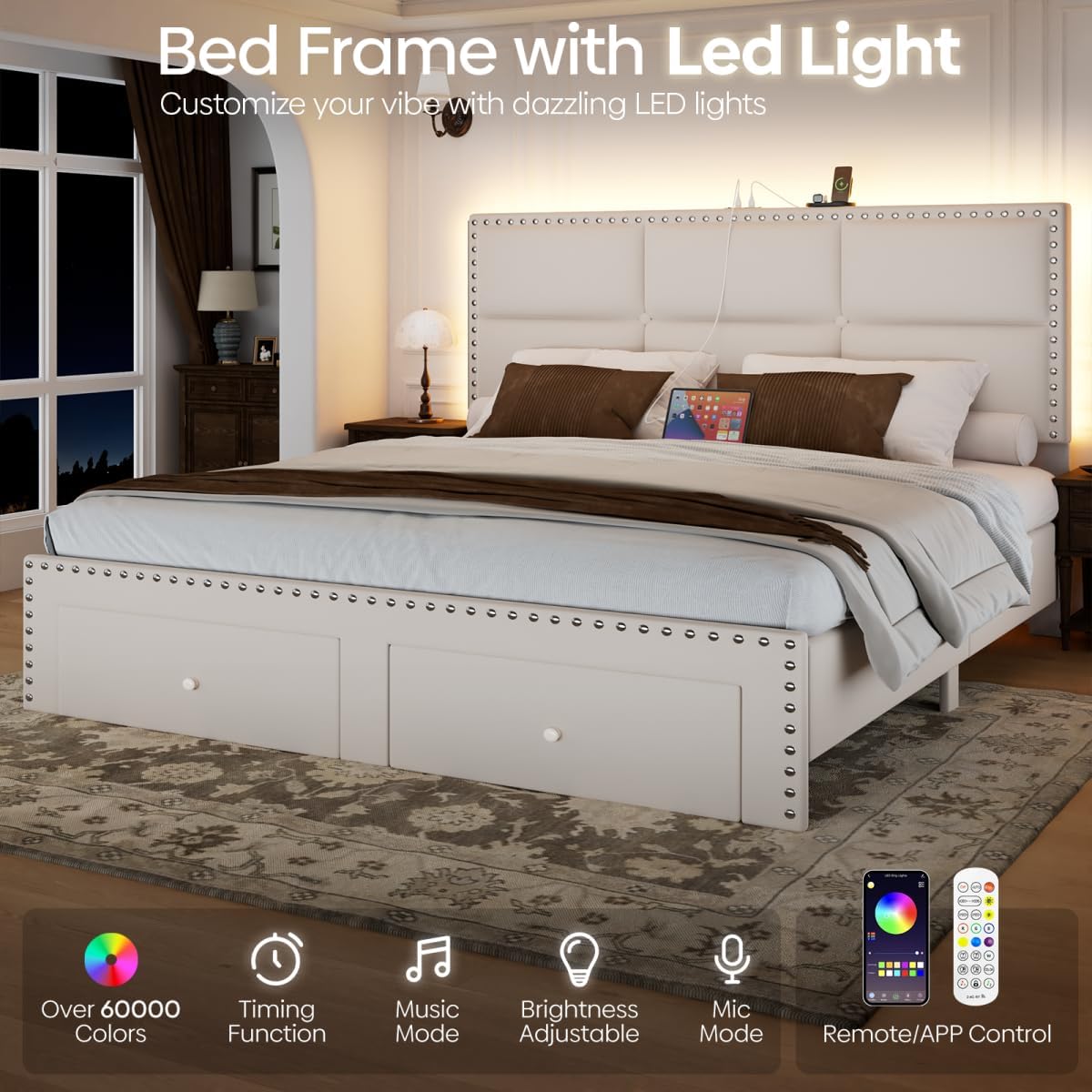 Queen Bed Frame with 2 Storage Drawers, Velvet Upholstered Platform Bed Frame Queen Size with Charging Station, Noise-Free, Wooden Slats Support, Easy Assembly, White