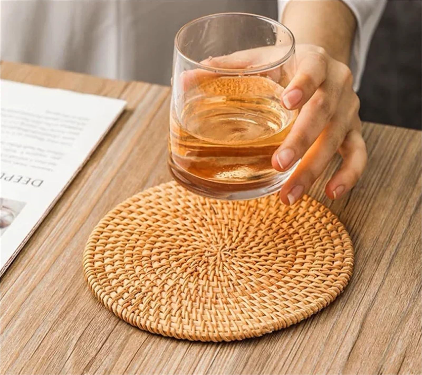 Lot de 4 Dessous Verre Ronds en rotin tissés à la Main, 8-20 cm, isolants, for Table, décoration Cuisine pour Tasses(18CM)