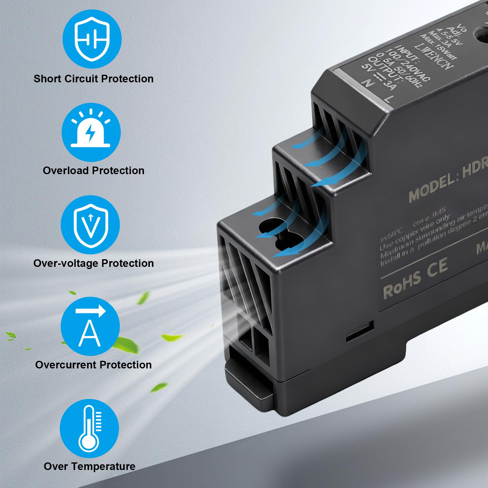 Zasilacz na szynę montażową 5 V DC 3 A 15 W – zasilanie na szynie DIN 100–240 V AC 50/60 Hz – kompaktowy transformator przemysłowy do automatyki domowej, szafy sterowniczej i oświetlenia LED
