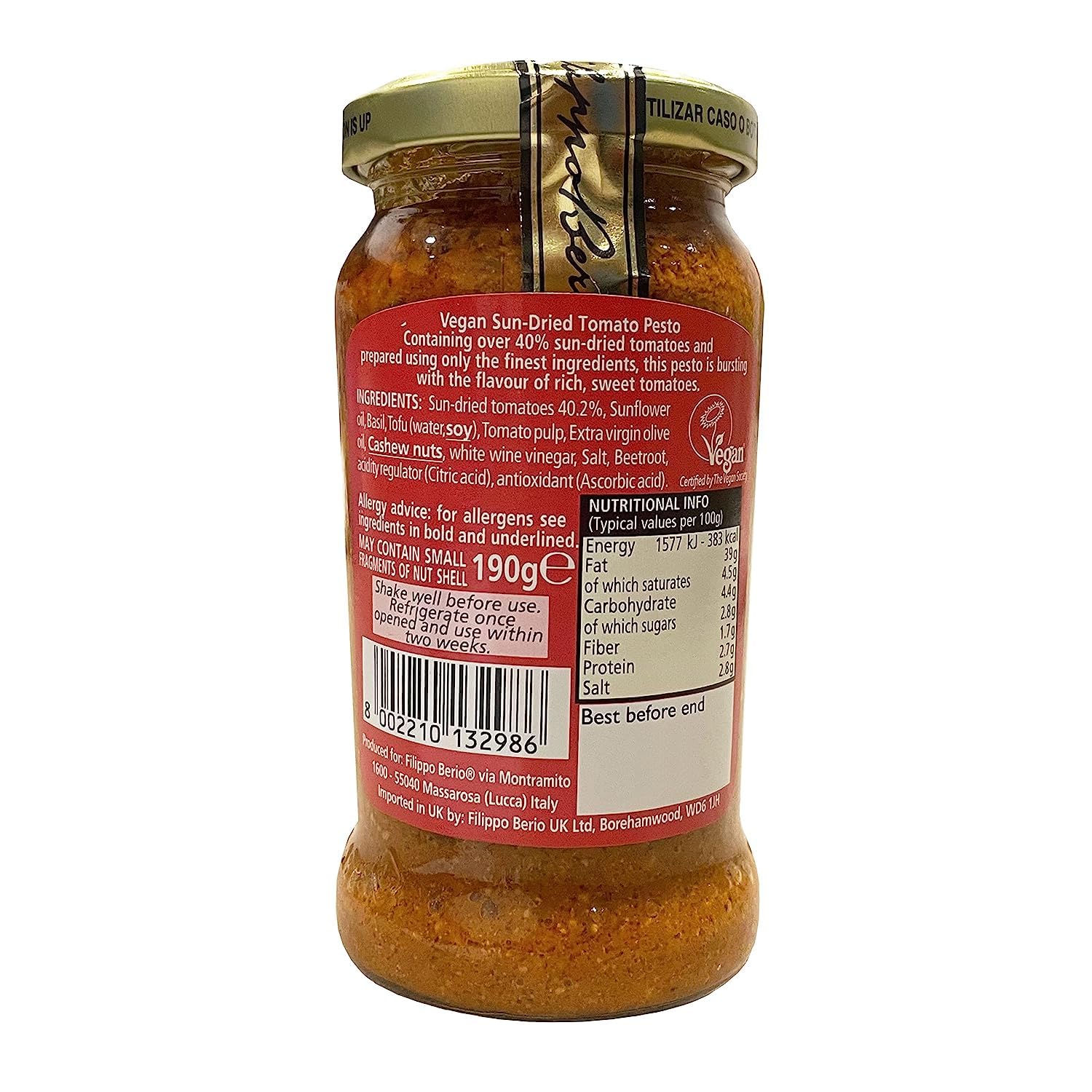 Filippo Berio Sun Dried Tomato Pesto Vegan | Dairy Free • Plant Based • Gluten Free, 6.7 oz / 190 g - Image 4 thumbnail