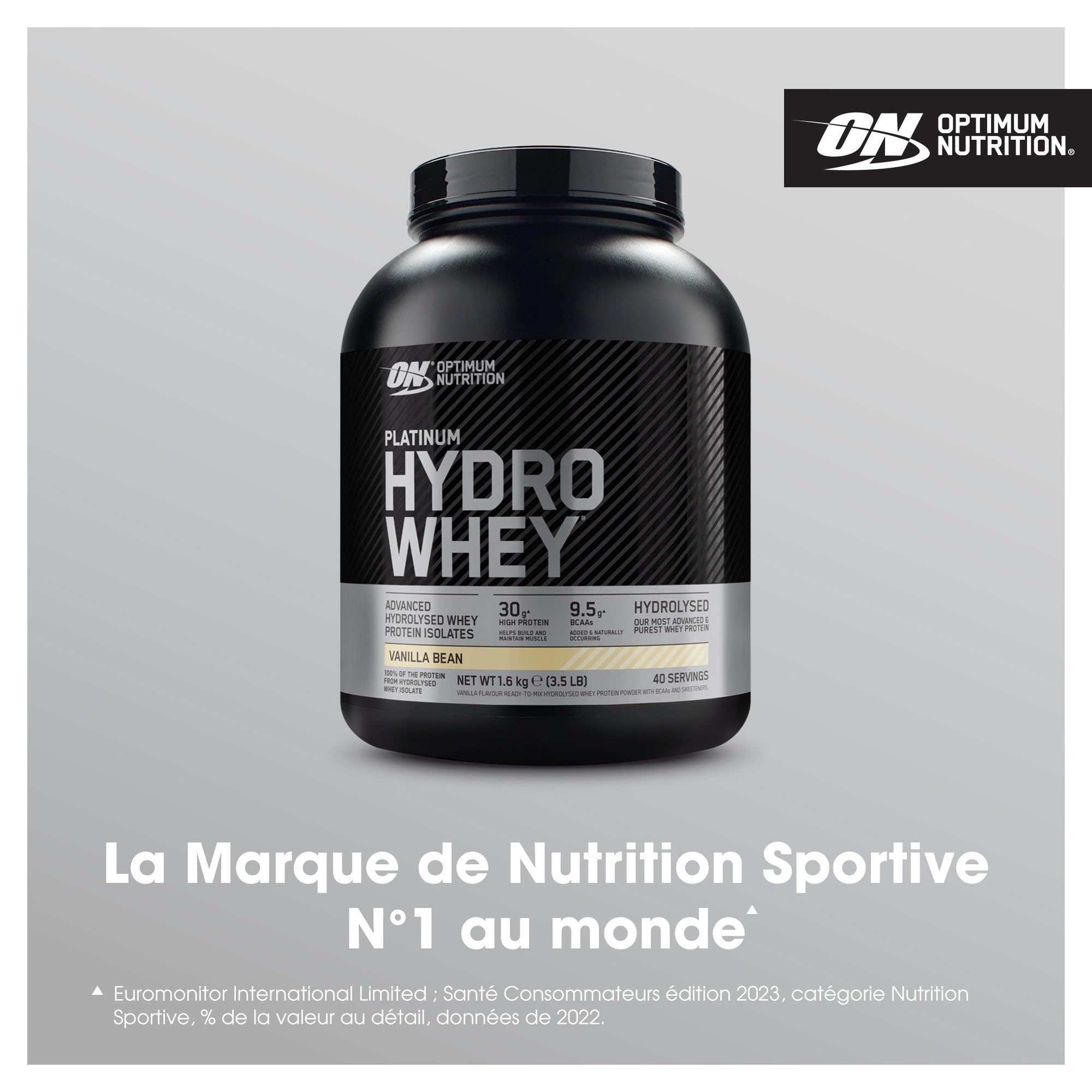 Optimum Nutrition Platinum Hydro Whey, Isolat de whey protéine hydrolysée en poudre avec acides aminés essentiels, glutamine et BCAA, goût Gousse de vanille, 40 portions, 1,6 kg