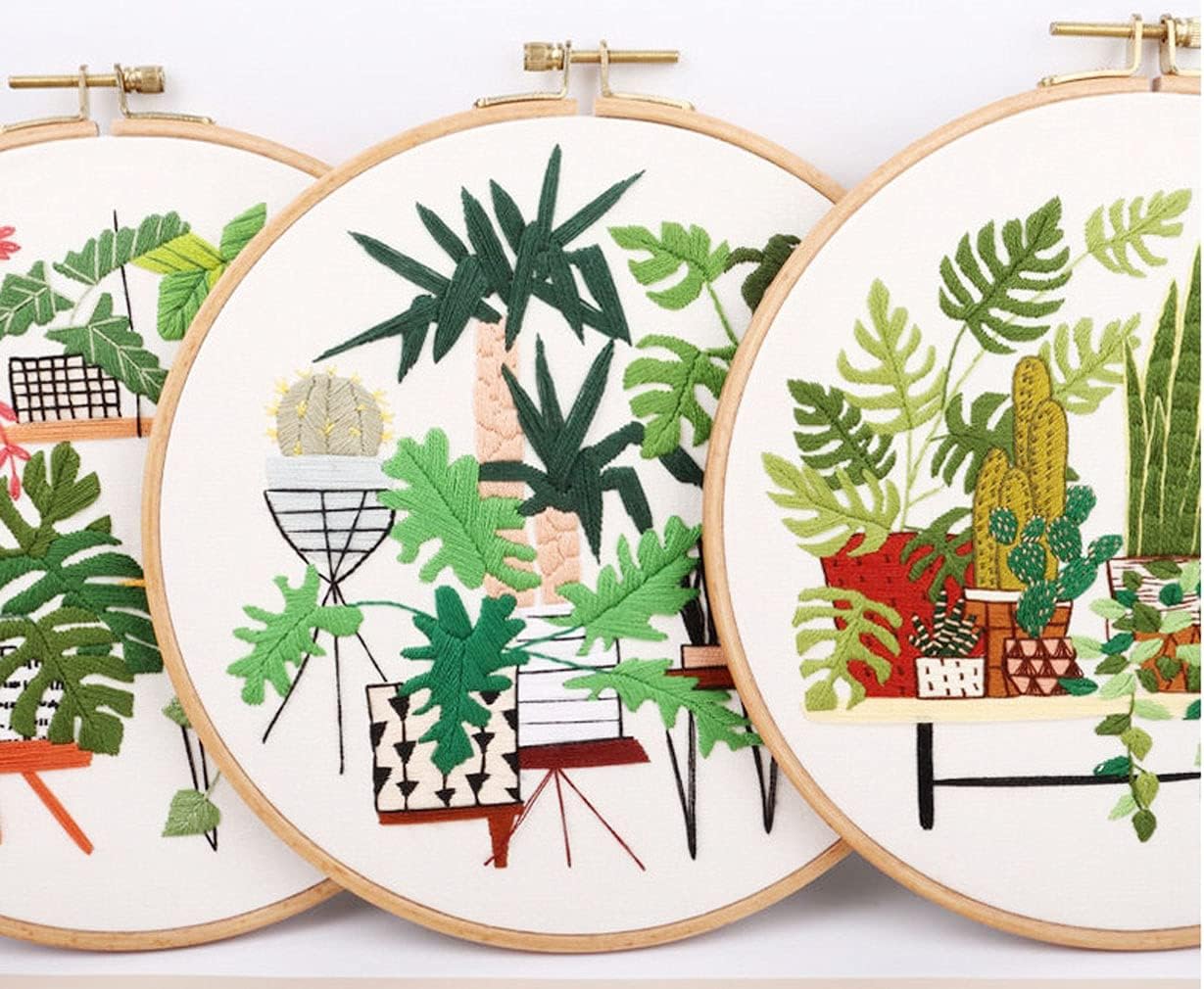 SUQUUB 3 Sets Embroidery Starter Kit with Pattern and Instructions,Cross Stitch Beginner Kits with Frame,3 Plastic Embroidery Hoops,3 Embroidery Clothes and Color Threads (3 X Plant Pattern)