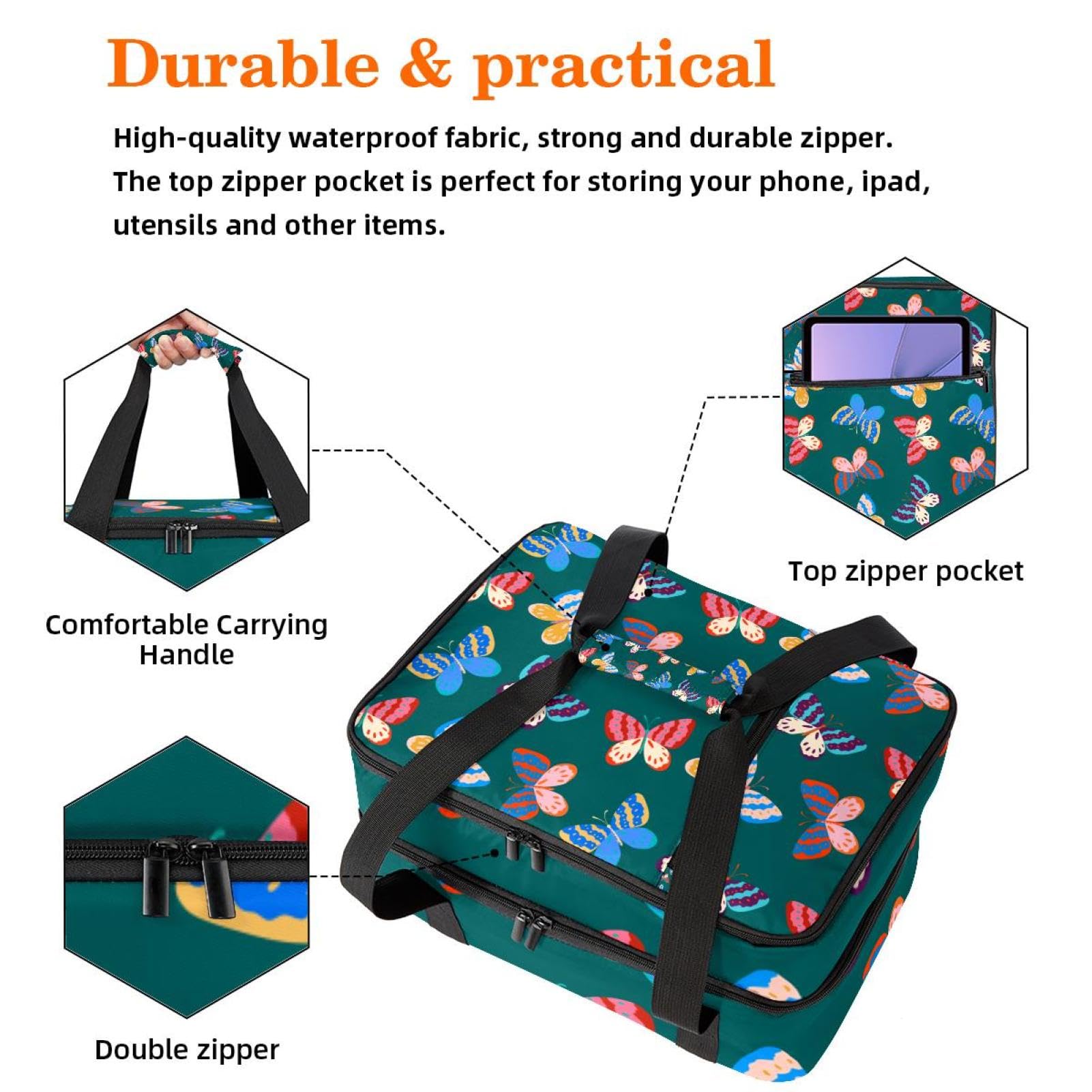 Grand sac à déjeuner isotherme pour homme et femme, double couche, étanche, étanche, réutilisable, sac fourre-tout pour le travail, l'école, le pique-nique, la plage, le camping, les voyages, motif
