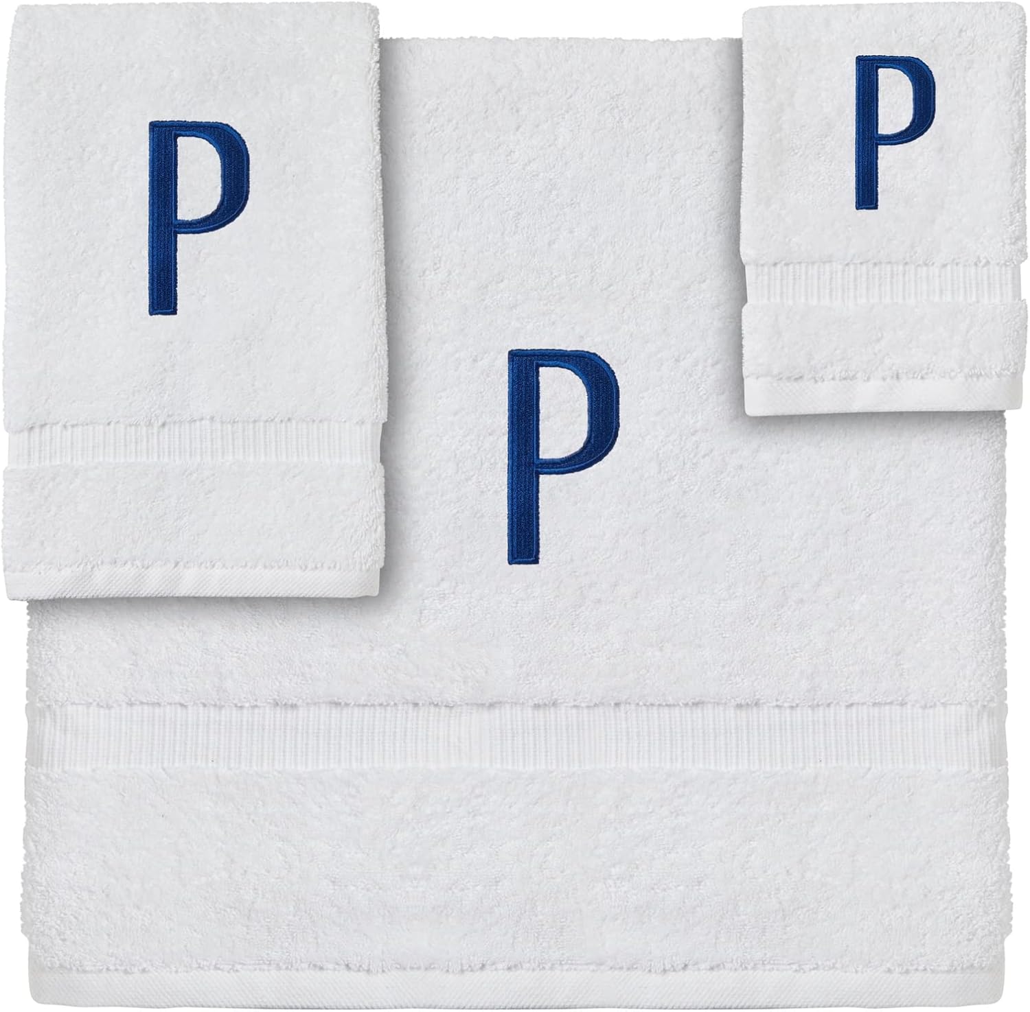 Juvale 3 Piece Letter P Monogrammed Bath Towels Set, White Cotton Bath Towel, Hand Towel, and Washcloth with Blue Embroidered Initial P for Wedding Gift, Bridal Shower
