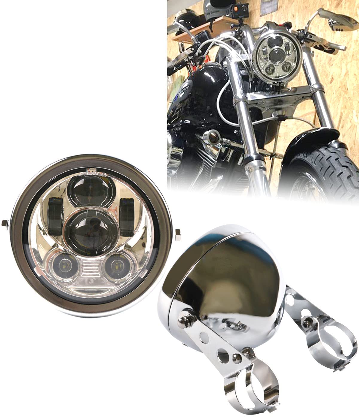 DDUOO Chrome 5-3/4inch LED Motorcycle Headlight with Motorcycle Headlight Housing Mount Bracket Bucket compatible with Cafe Racer Kawasaki Cruisers Honda Shadow