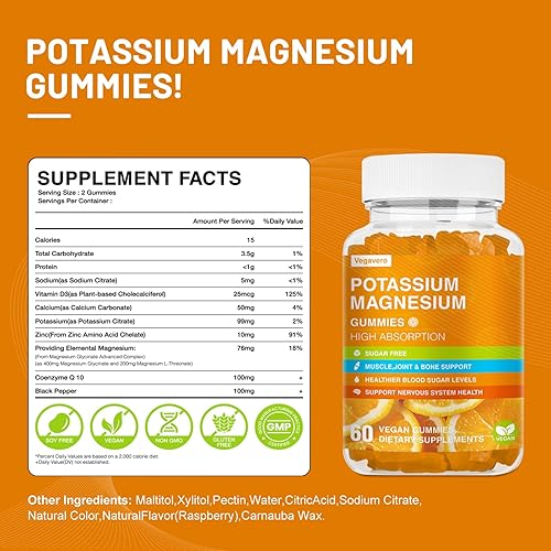 Miniatura 7 de Gomitas de potasio y magnesio, glicinato de magnesio de alta absorción y citrato de potasio más coenzima Q10, DHA, D3, mineral y calcio para zzz,