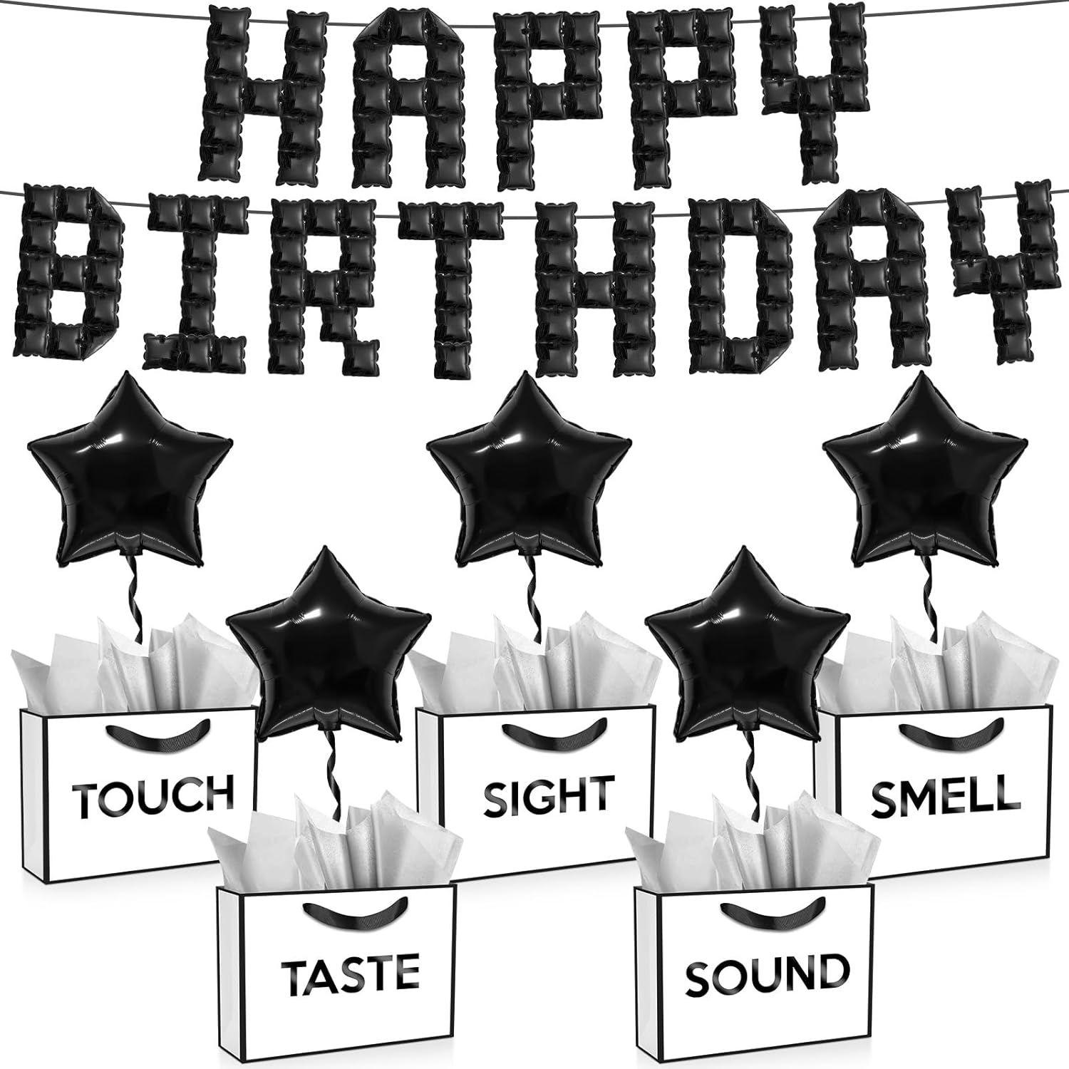Supervitae 5 Senses Gift Birthday Decoration Five Senses Gift Bag for Him with Happy Birthday Banner Balloon Tissue Paper Taste Touch Sound Sight Smell Bag for Women Men(White,Classic Style)