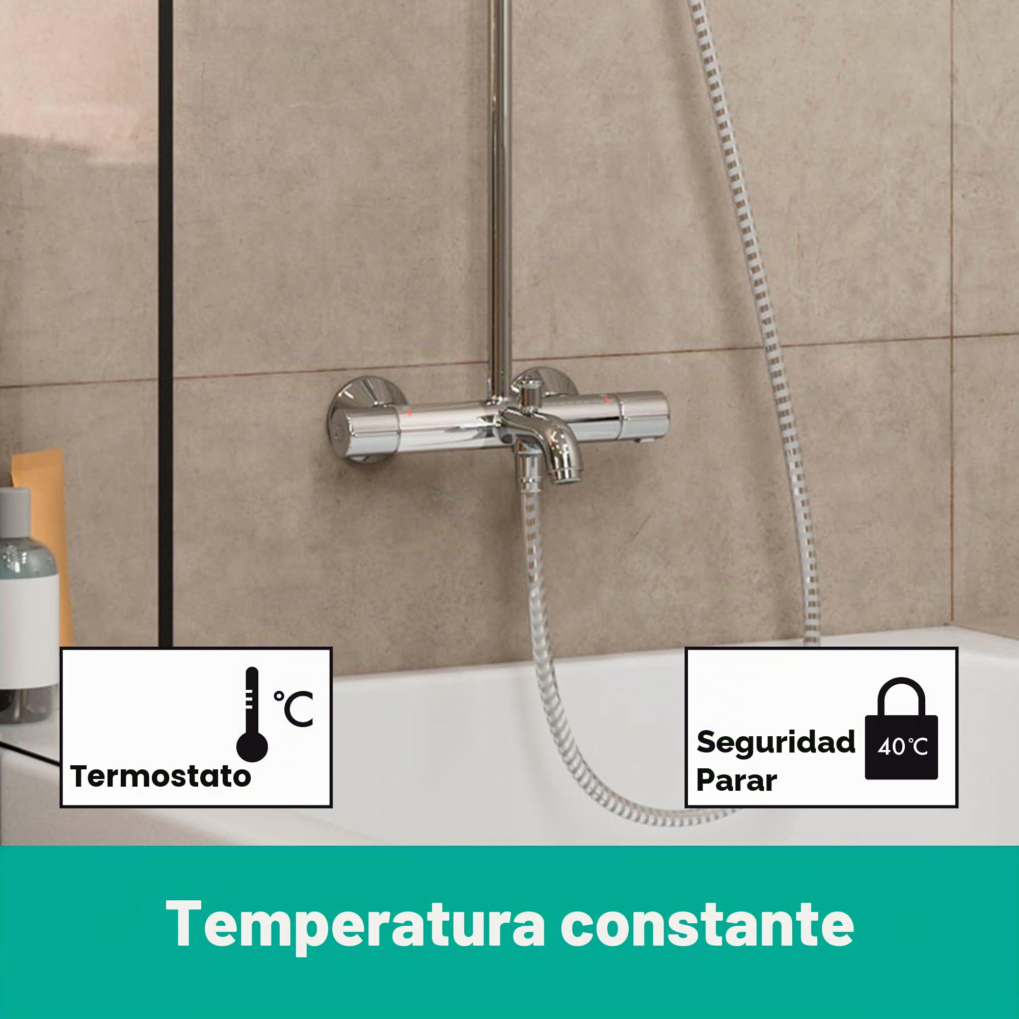 Hansgrohe Vernis Blend Sistema de ducha con termostato 200, 1 tipo de chorro Ahorro de agua con termostato de bañera, cromo, 26079000