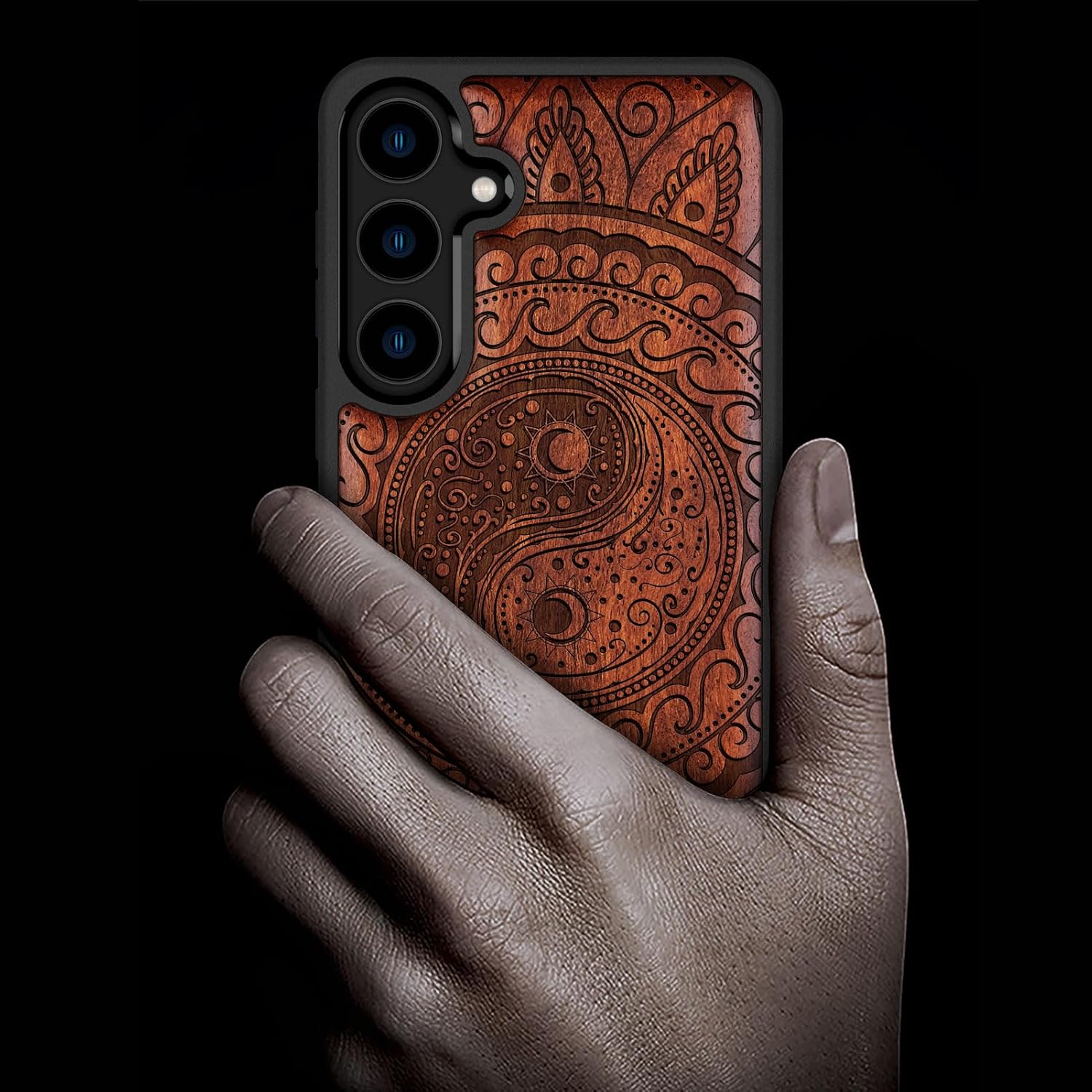 Carveit Wood Case for Galaxy S24 Case [Natural Wood & Black Soft TPU] Shockproof Protective Cover Unique Wooden Design Compatible with Samsung S24 (Yin Yang Paisley-Rosy)