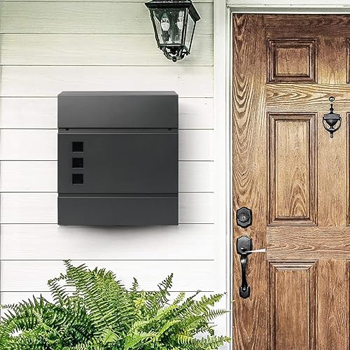 Miniatura 52 de Decaller buzones de metal para montar en la pared con cerradura de llave, buzón grande con compartimento para periódicos, plateado 936 negro