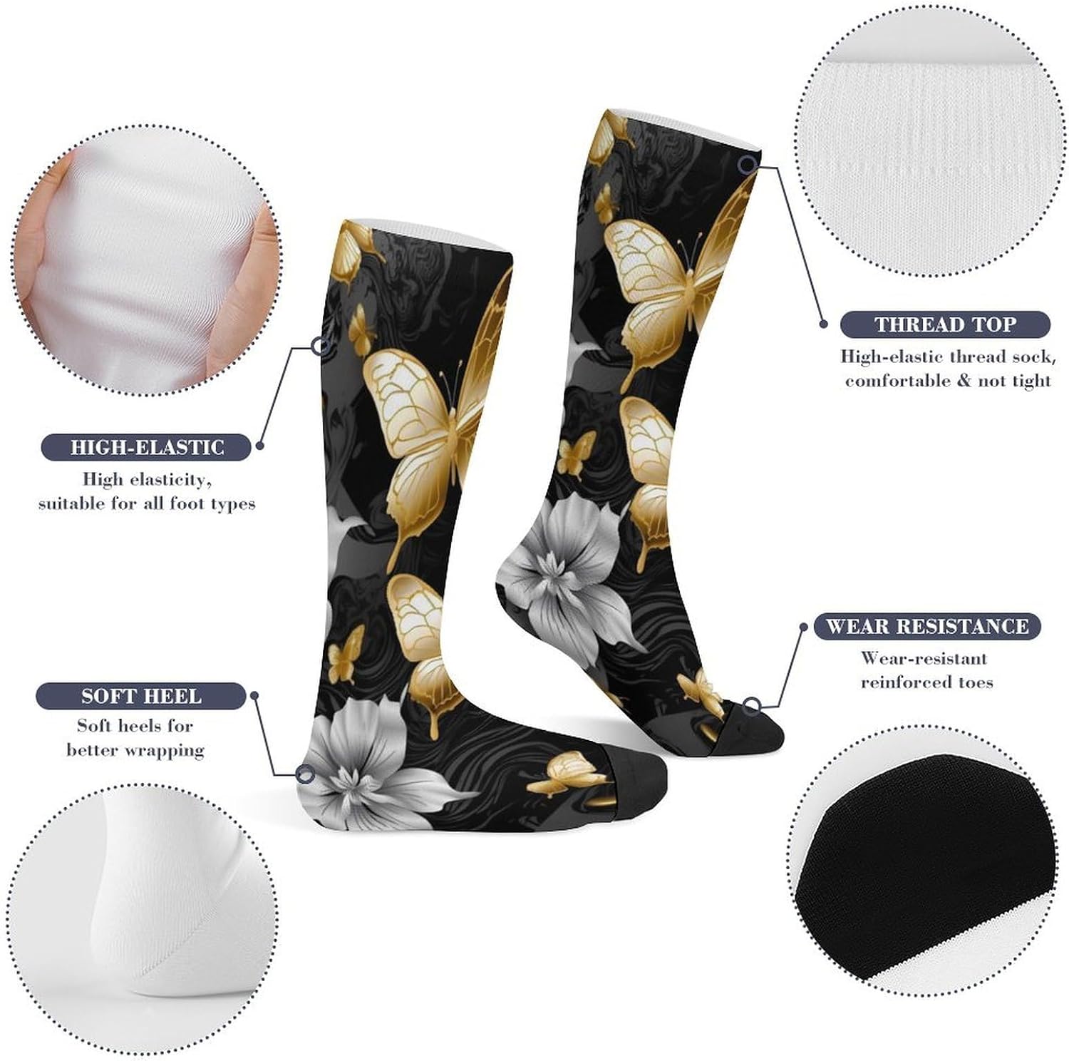 Gold Butterflies Knee High Soccer Socks Moisture Wicking