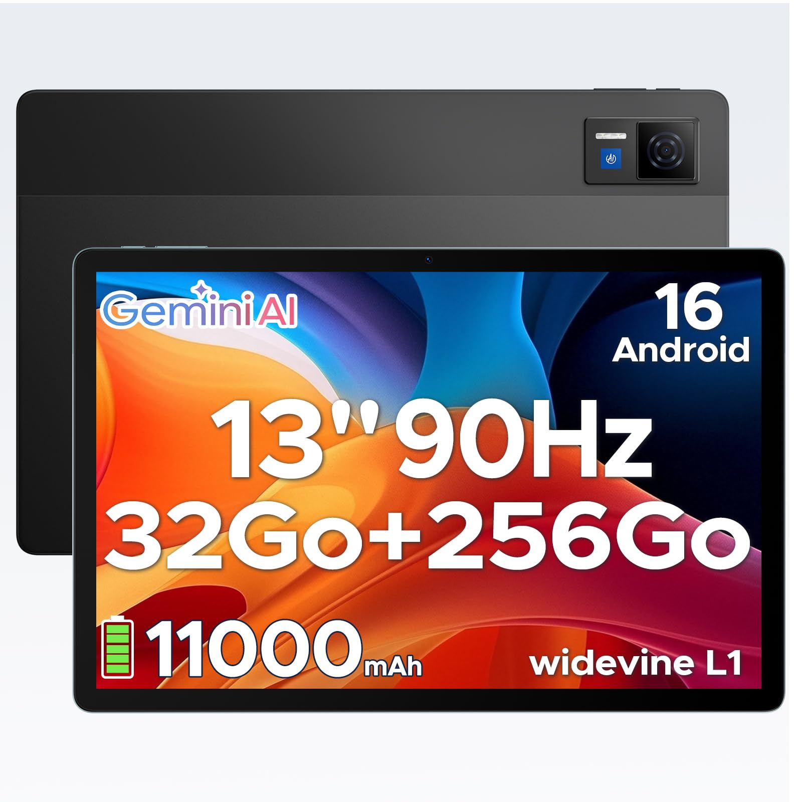 U13 Tablette 13 Pouces, Tablette Android 16 Écran FHD+ 90Hz,32Go RAM + 256Go ROM (Ex to 2To), Unisoc T7280, 11000mAh Batterie, 18W Charge Rapide, WiFi 5, Widevine L1,GPS,Face ID/3.5mm