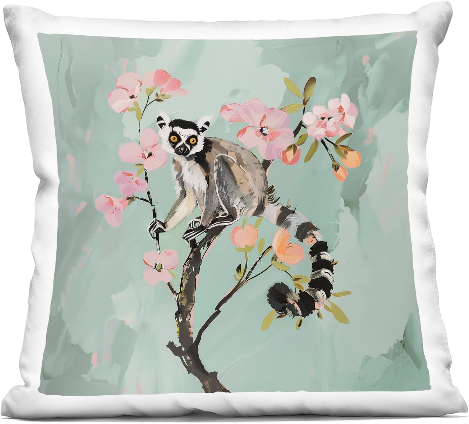 Stupell Industries キツネザル 春の花に腰掛けた屋内プリントスローピロー、18 x 7 x 18、グリーン