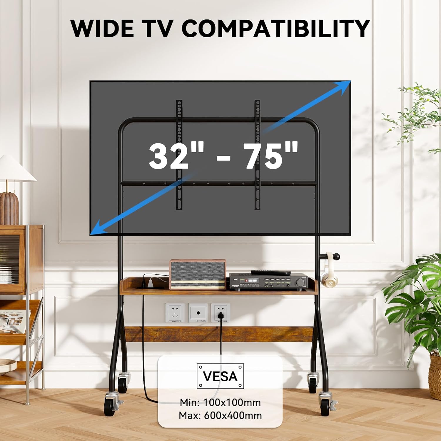 Rolling TV Stand with Power Outlet, Mobile TV Cart for 32-75 Inch TV Screen up to 110 Lbs, Easel Portable TV Stand on Wheels with Shelf for Bedroom, Corner, Living Room - V1