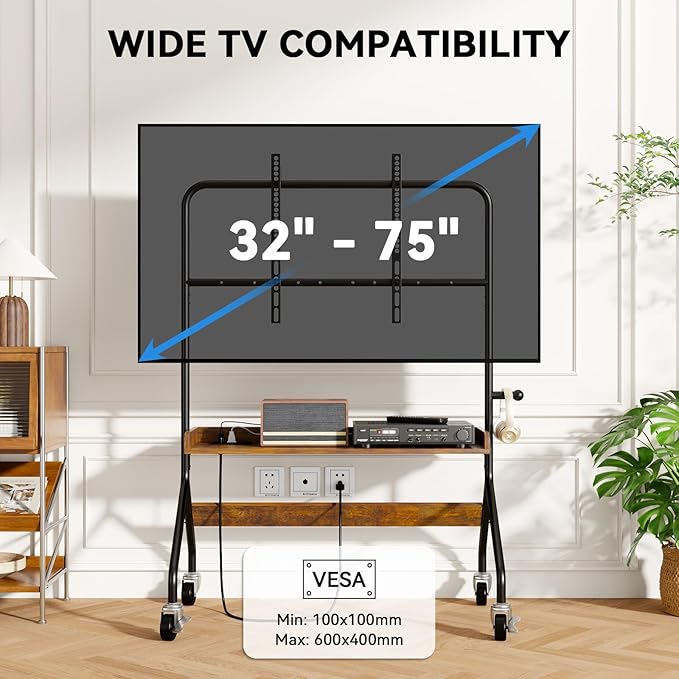 Soporte para TV rodante con estante, 32-75 pulgadas, 110 lbs miniatura 3