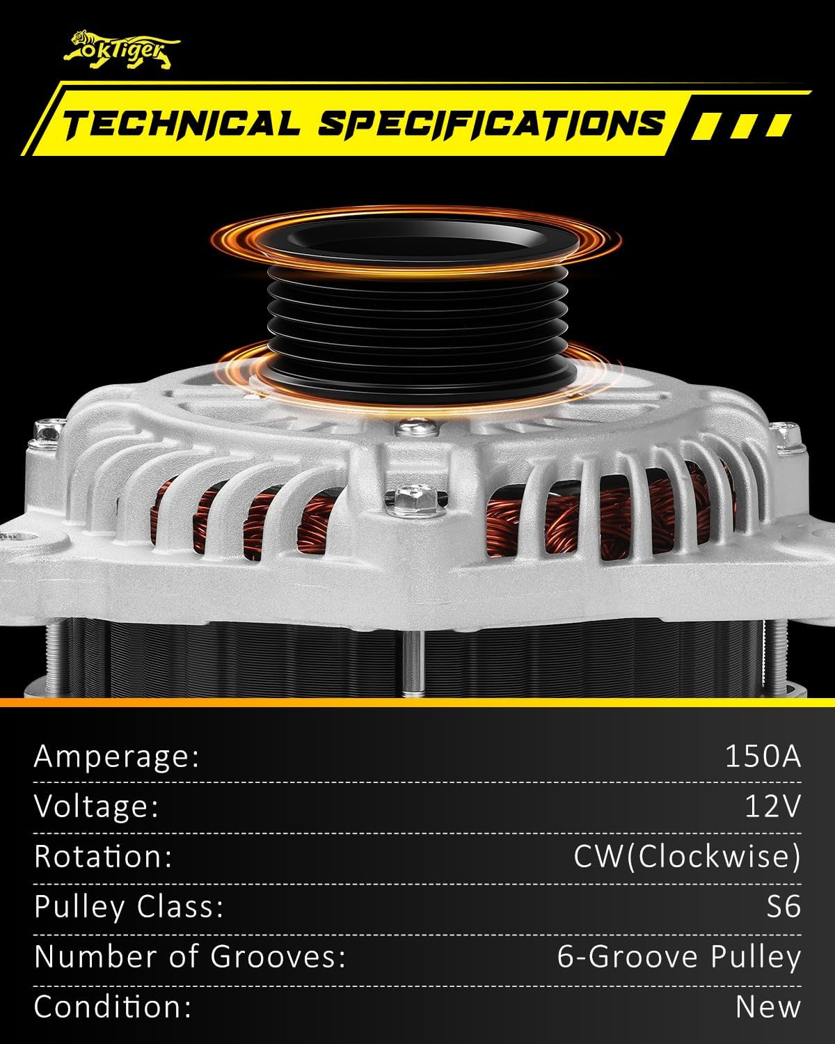Oktiger Upgraded Alternator for Ford Edge Limited Se Sel Sport 2007-2014, Taurus 2008-2012 Fusion Sport 2010-2012, for Lincoln Mkx Mkz, V6 12V 150Amp Clockwise 6-Groove Pulley, OE 7T4T-10300-AD