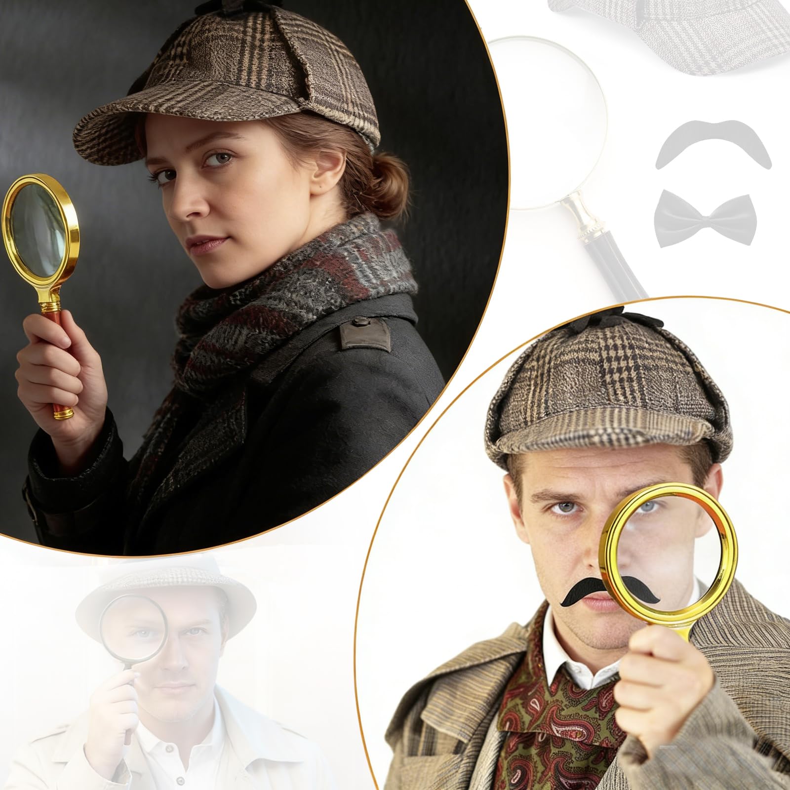 5-częściowy zestaw akcesoriów do kostiumu detektywa, Sherlock Holmes, akcesoria do kostiumu z kapeluszem detektywa, okularami, sztuczne wąsy, lupa, mucha, detektywa, Cosplay, rekwizyty na karnawał,