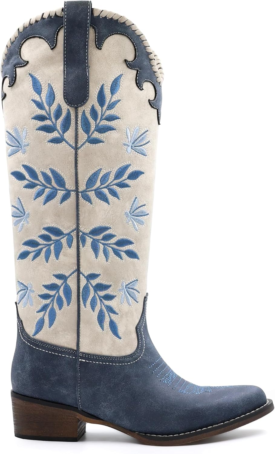 Womens Cowboy Boots Leaf Embroidered Pull on Knee High Round Toe Comfortable Chunky Heel Western Cowgirl Riding Boots