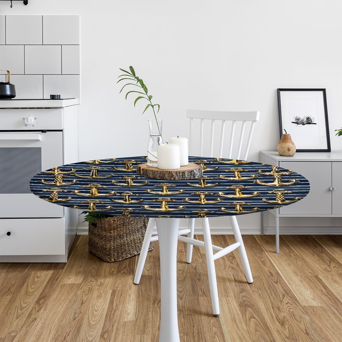 Gold Anchor Ocean Round Fitted Tablecloth with Elastic Edge Waterproof Circle Table Cover Wipeable Plastic Round Table Cloth for Indoor Dinner Outdoor Picnic Party 48" (Fit 45-50 Inch)