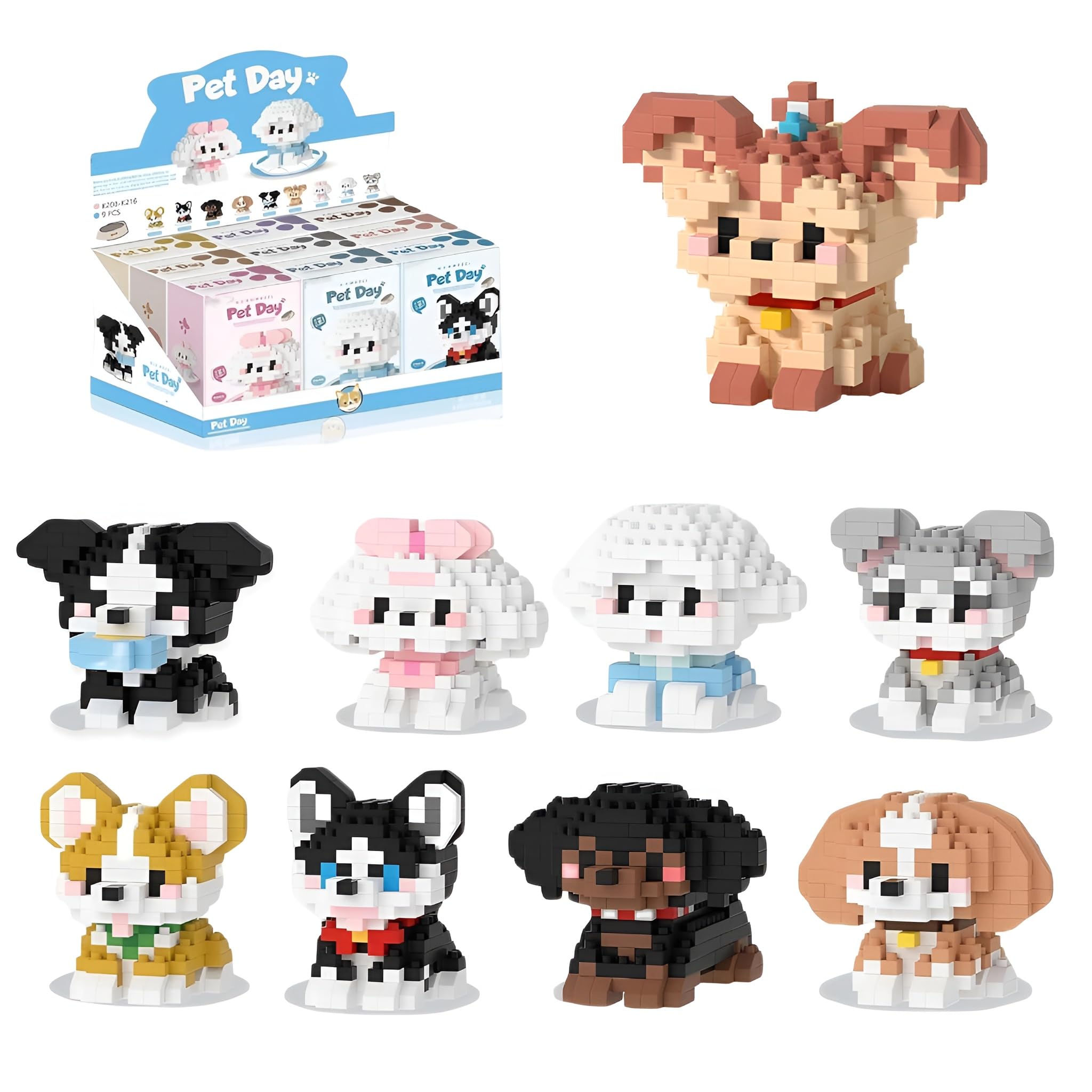 9 Style Mini Animal Dog Building Block Set —— 1995PCS Corgi, Husky, Poodle, Dachshund Micro Bricks Kit, Collection Cute Pet Models, Home Office Decor, Creative Gift for Adults and Teen