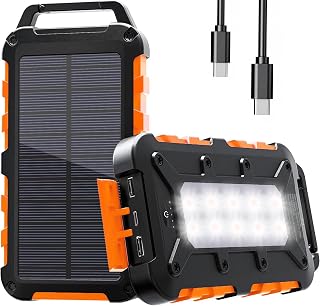 Cargador Solar 10000mAh, Power Bank Solar Batería Externa Portátil PD15W USB C Carga Rápida Impermeable 3 Salidas y 2 Entradas con Linterna LED para Moviles Tabletas Etc.