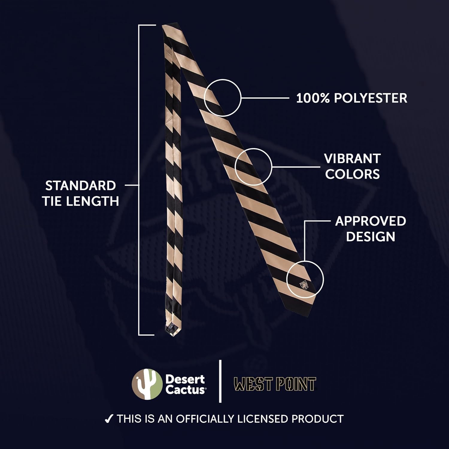 Desert Cactus United States Military Academy Neck Tie USMA (Army West Point) Black Knights 100% Polyester Necktie with Logo, Officially Licensed - Image 3