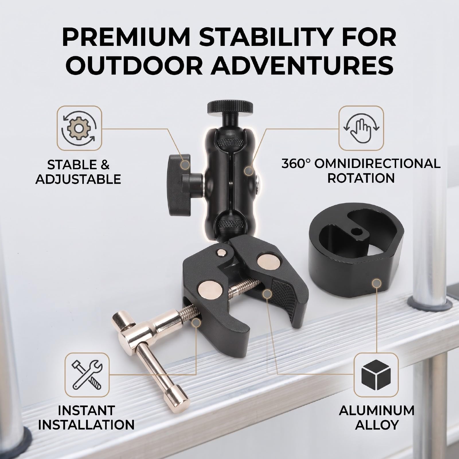 Supporto per Morsetto Satellitare, Filettatura 1/4"-20 e Regolabile a 360° | Anodizzato CNC, Blocco Antioscillazione, Lega di Alluminio, Impugnatura da 0,6" a 1,57", Supporto Satellitare per Barca