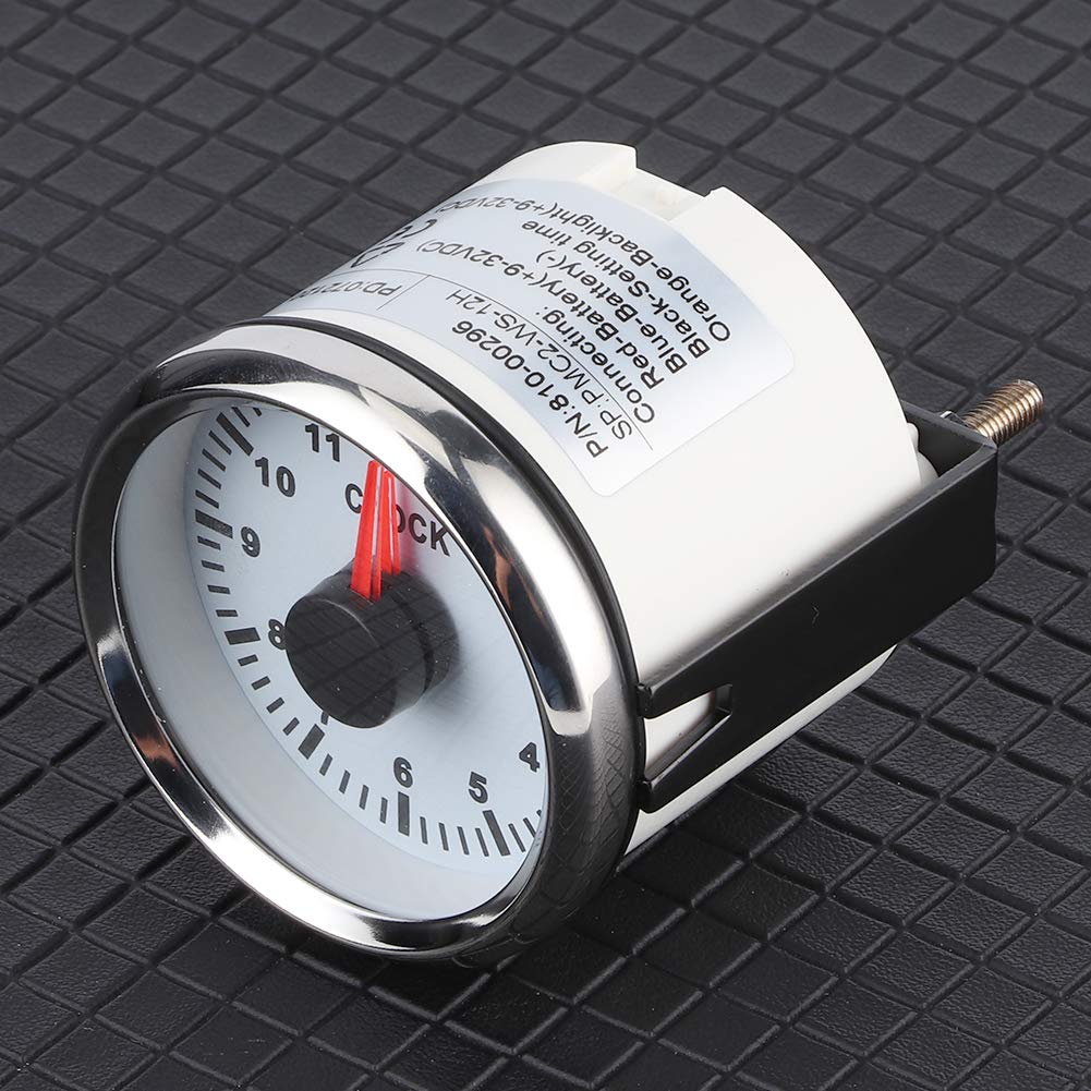 Montre Automatique de Jauge D'horloge Universelle de 2 Pouces Indicateurs de Tableau de Bord 0-12 Heures Affichage Rétro-Éclairage Rouge 12V/24V pour Voiture Bateau Yacht(Cadre argenté sur blanc)