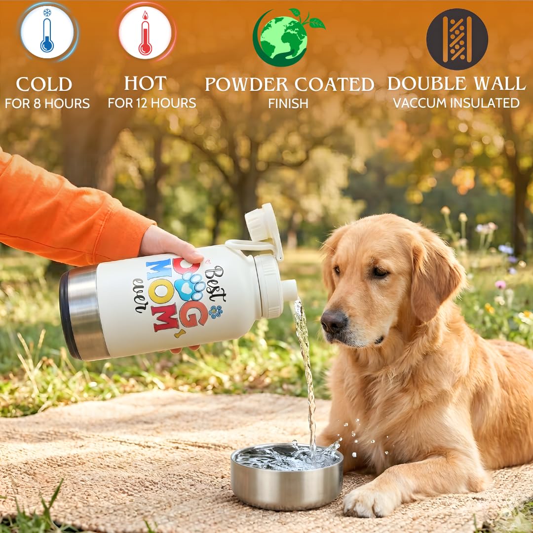 Dog Mom - Borraccia in acciaio inox con ciotole staccabili, per la festa della mamma, per passeggiate ed escursioni