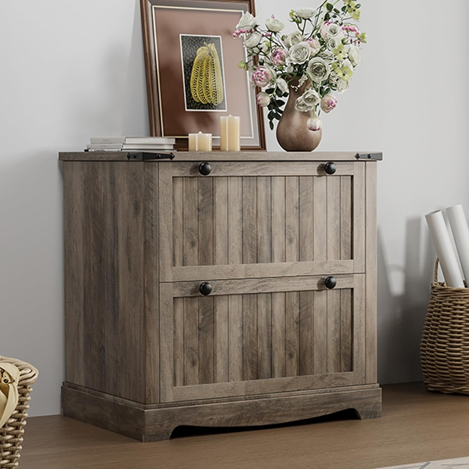 GarveeHome Farmhouse File Cabinets with 2 Drawers,30" File Cabinets with Hanging File Folders for A4/Letter/Legal Size Documents, Rustic Storage Cabinet Storage Printer Stand for Home Office