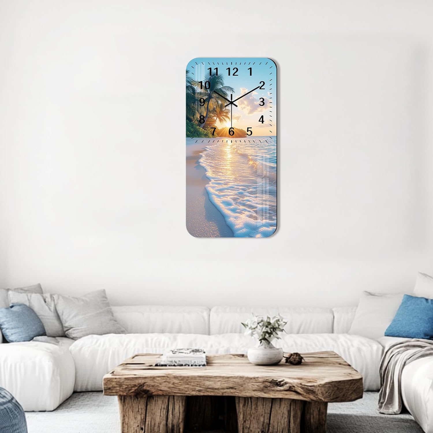 Coastal Wooden Battery Wall Clock 24 Inch Blue Extra Large Clocks for Living Room Decor Rectangle Quite Wall Clock Non Ticking