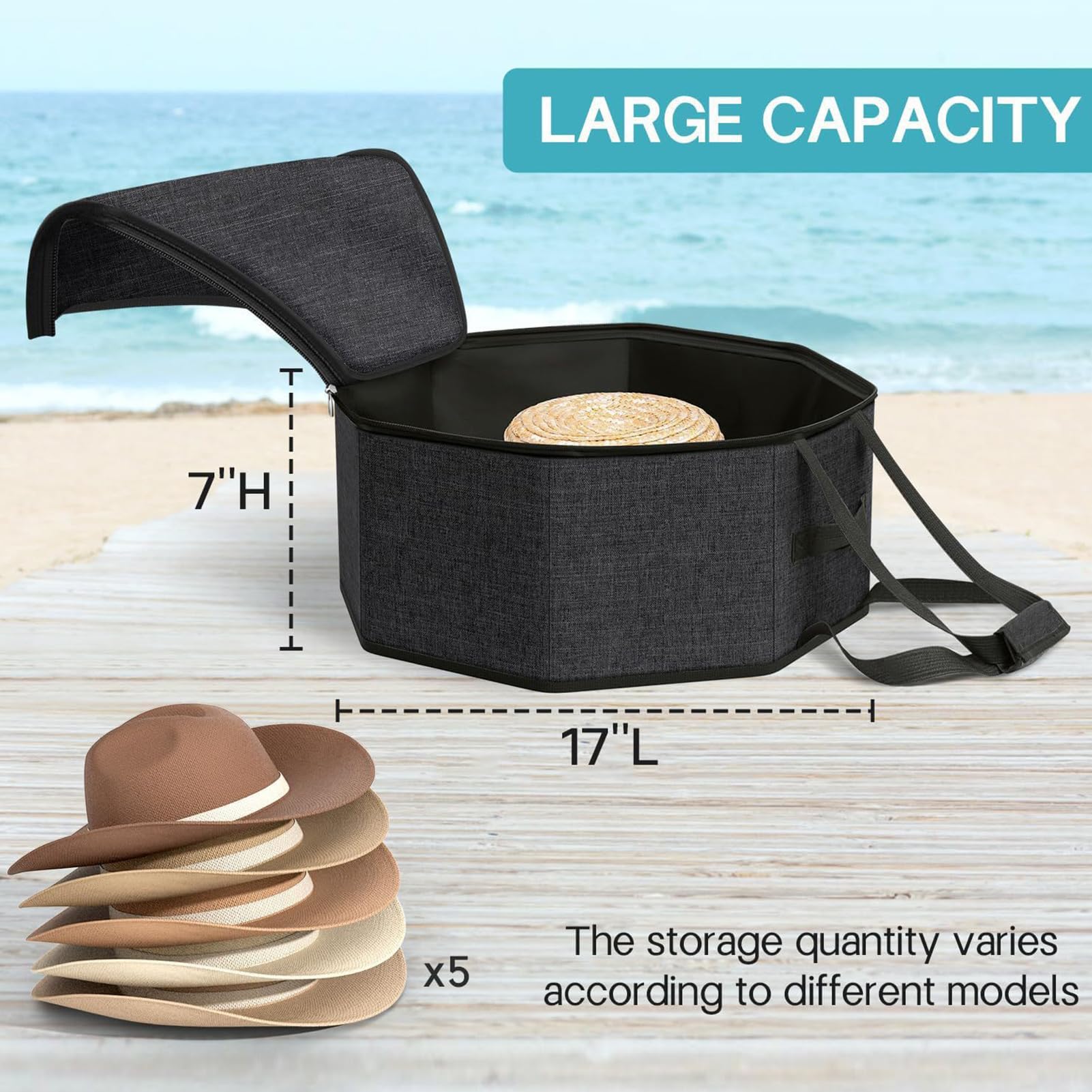 Scatola Porta Cappelli Pieghevole con Coperchio e Tracolla, Custodia da Viaggio per Cappelli da Cowboy e Baseball, Organizer Impilabile per Armadio (Nero,43 x 43 x 18 cm)