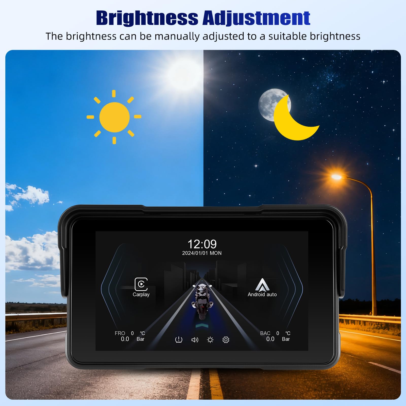 OiLiehu Motorrad GPS Wireless Portable CarPlay und Android Auto, 5 Zoll wasserdichtes Motorrad-Display mit Helligkeitseinstellung, Reifendruckerkennung, abnehmbarer Ständer, Plug and Play