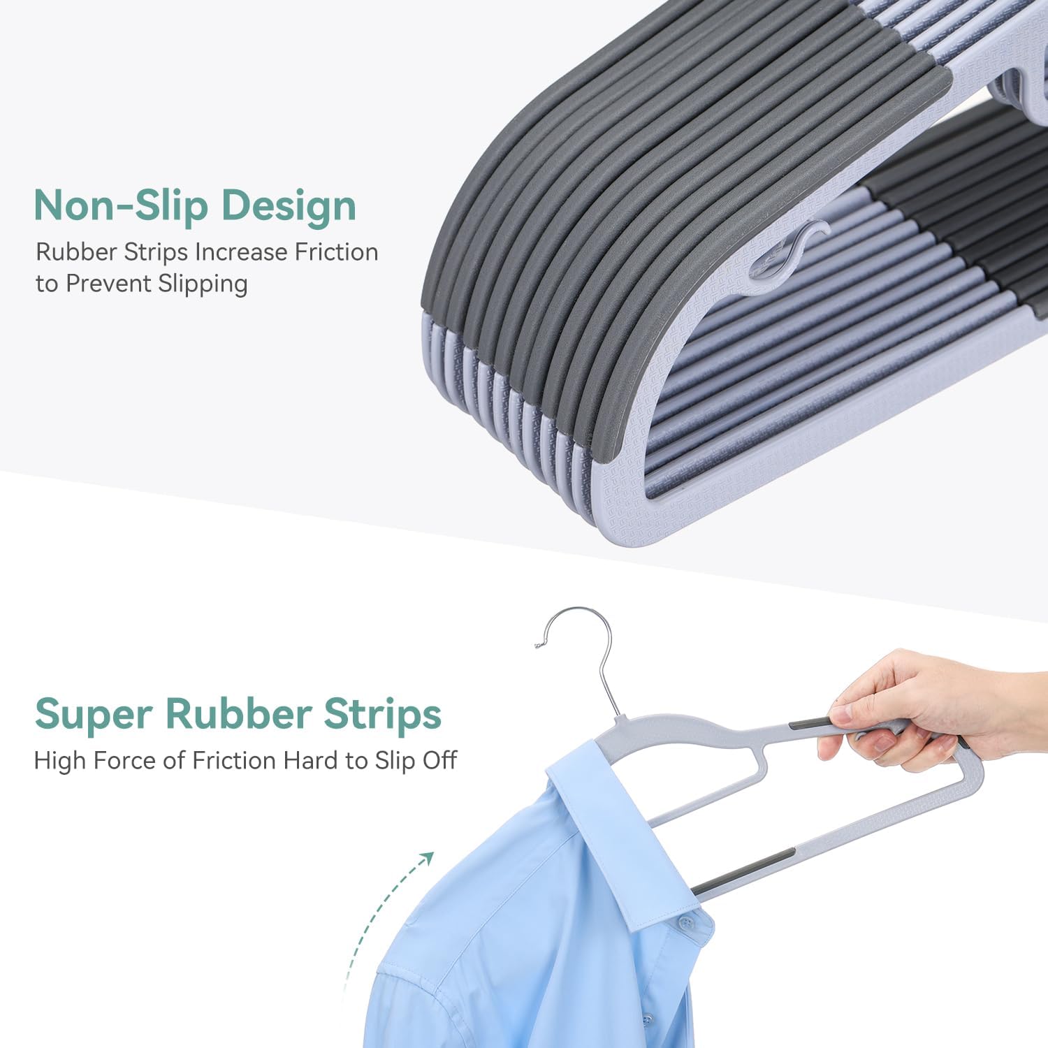 NCXTKJ Heavy Duty Hangers 30 Pack, Plastic Clothes Hangers Non-Slip, 0.2'' Slim, 360° Swivel Hook, 16.5 Inches Wide, Thin Space Saving Hangers for Suit, Shirt & Pants, Light and Dark Gray