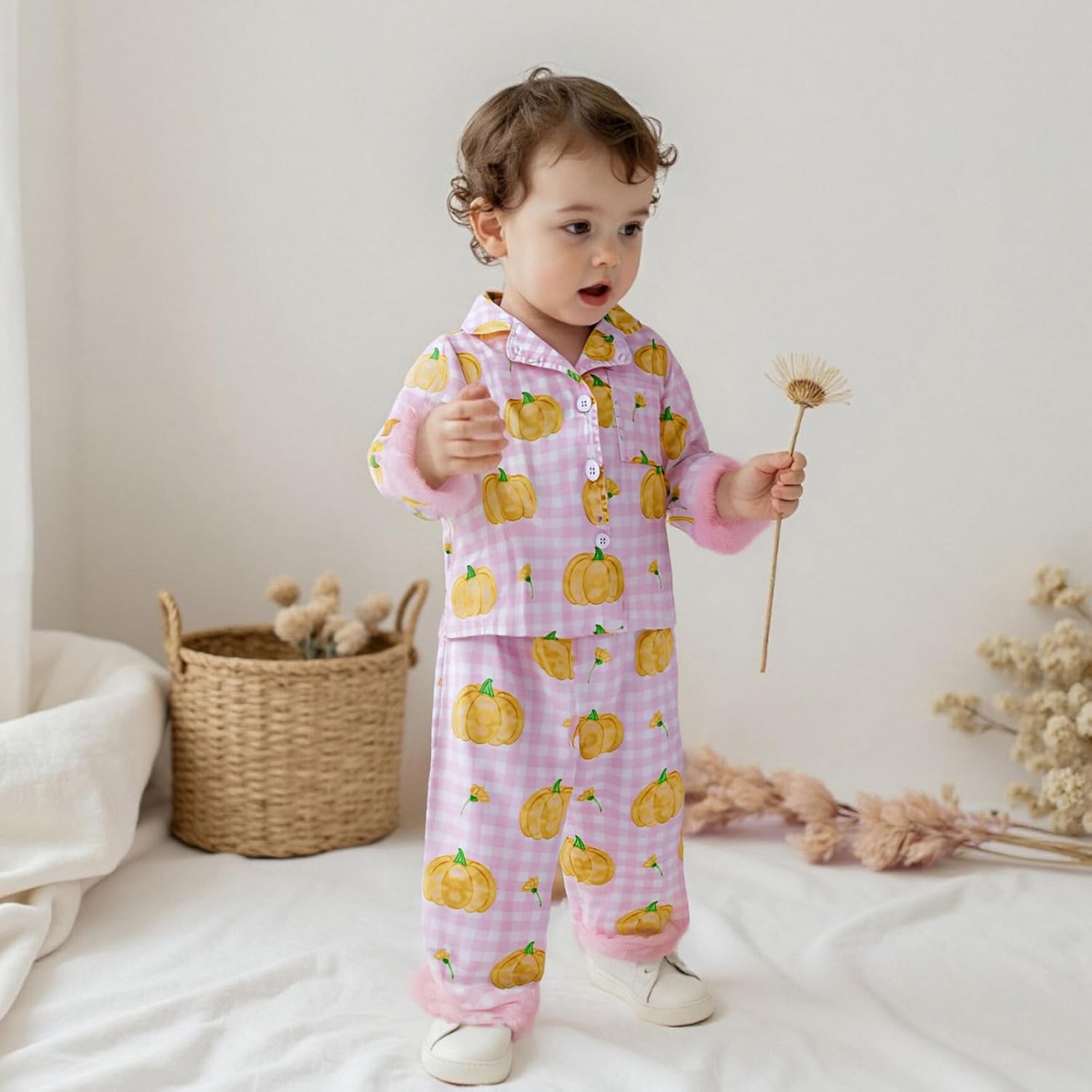 Toddler Baby Girl Halloween Pajamas Feather Satin Silk Button Down Pumpkin Pjs Outfit Nightgown Jammies Lounge Set - Image 3